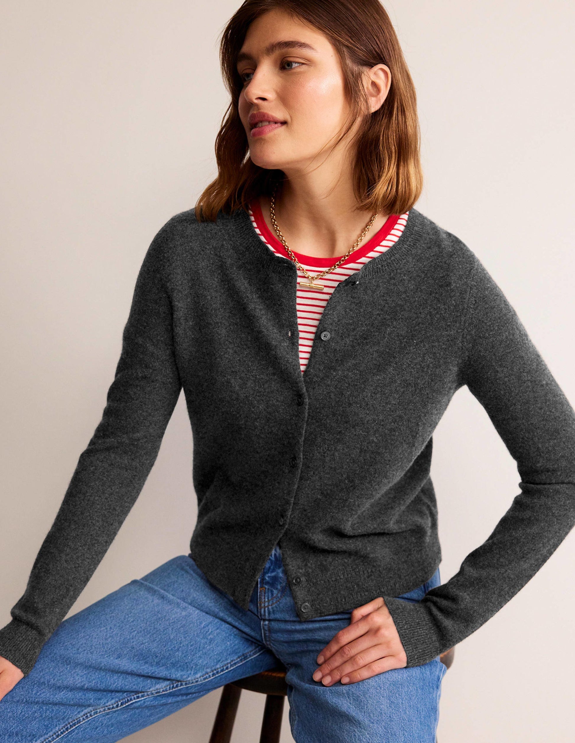 Eva Kaschmir-Strickjacke mit Rundhalsausschnitt-Anthrazit Meliert-1