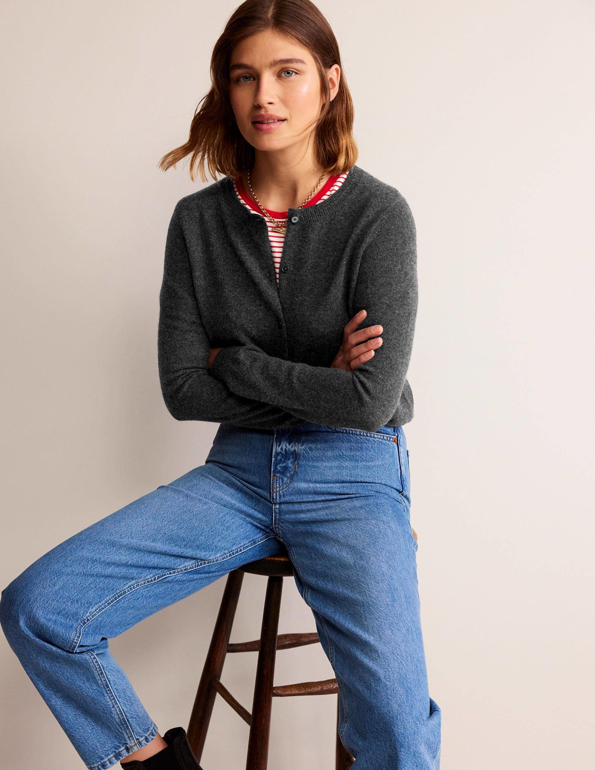 Eva Kaschmir-Strickjacke mit Rundhalsausschnitt-Anthrazit Meliert - Image 4