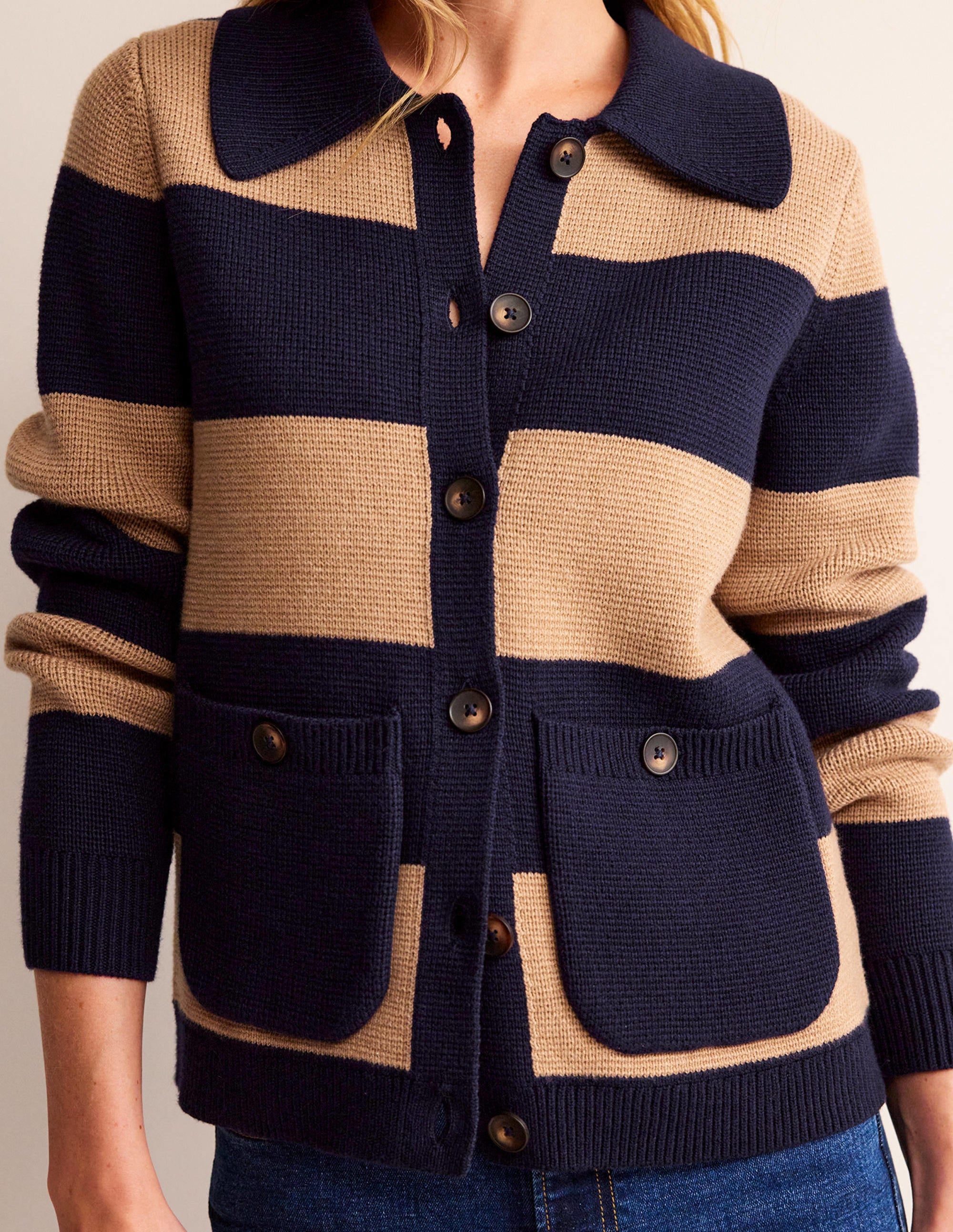 Gilet Emily en laine mélangée-Bleu marine et camel chiné - Image 2