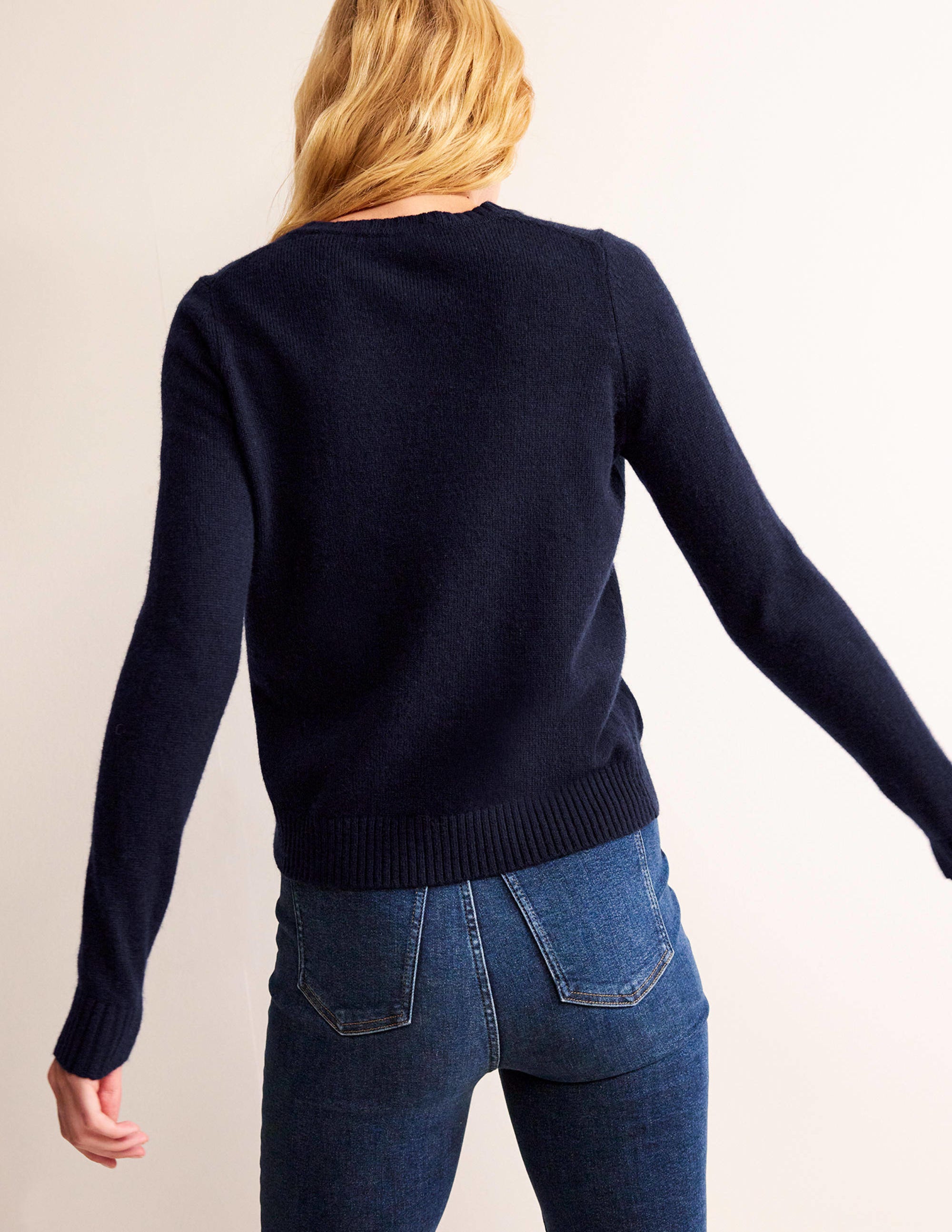 Pull brodé à col rond-Bleu marine - Image 3