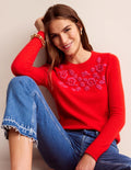Pull brodé à col rond-Rouge brillant