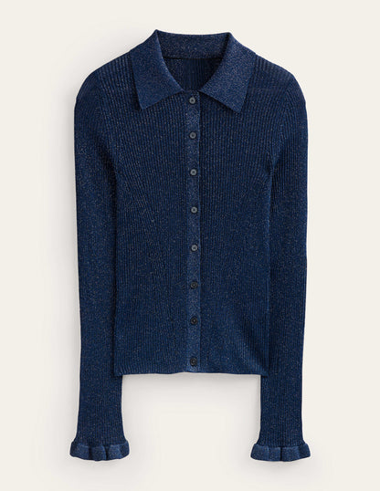 Strickjacke mit Kragen aus glitzerndem Rippstrick-Atlantikblau