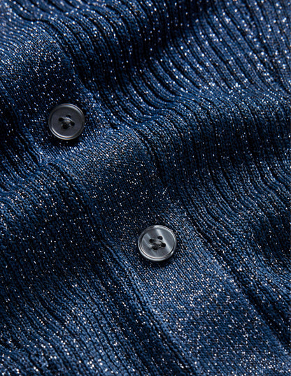 Strickjacke mit Kragen aus glitzerndem Rippstrick-Atlantikblau