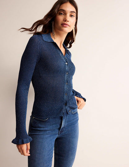 Strickjacke mit Kragen aus glitzerndem Rippstrick-Atlantikblau