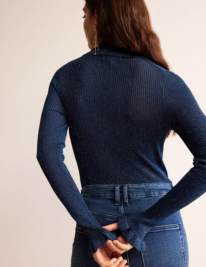 Strickjacke mit Kragen aus glitzerndem Rippstrick-Atlantikblau