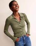 Sparkle-Rib Collared Cardigan-Olive Metallic