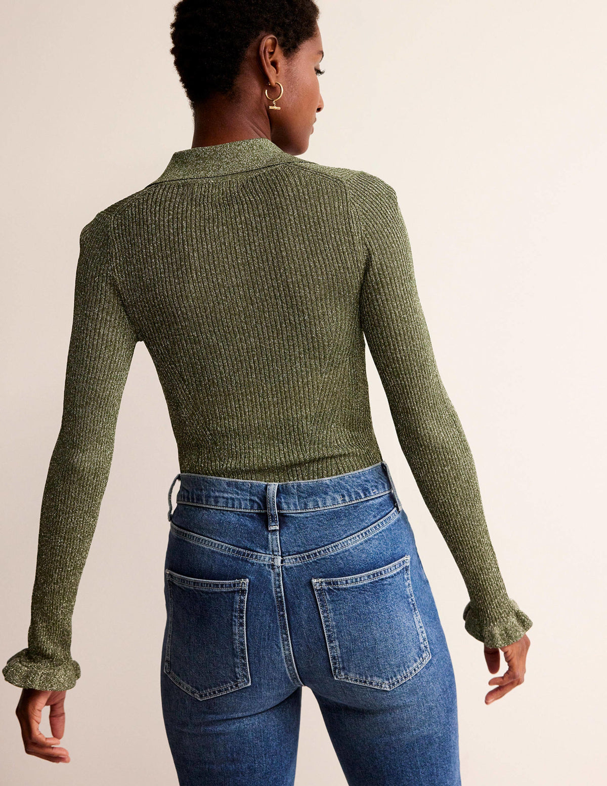 Sparkle-Rib Collared Cardigan-Olive Metallic-3