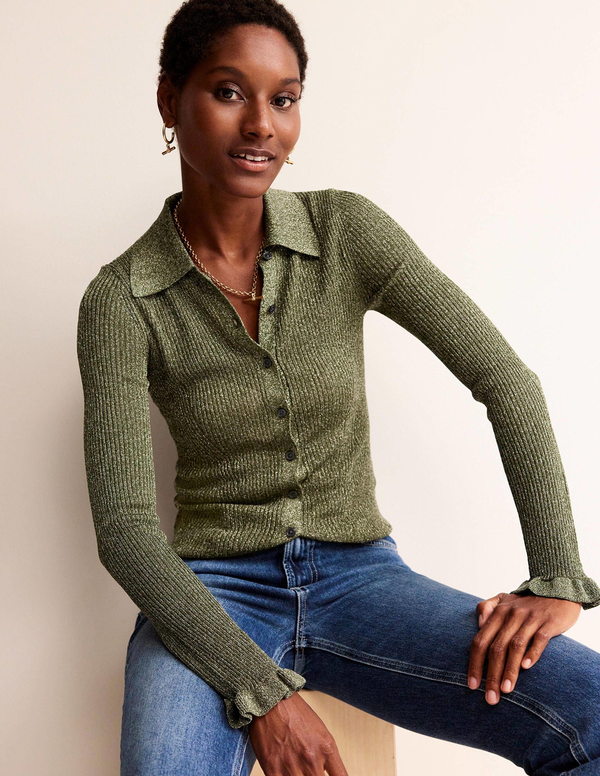 Sparkle-Rib Collared Cardigan-Olive Metallic-4