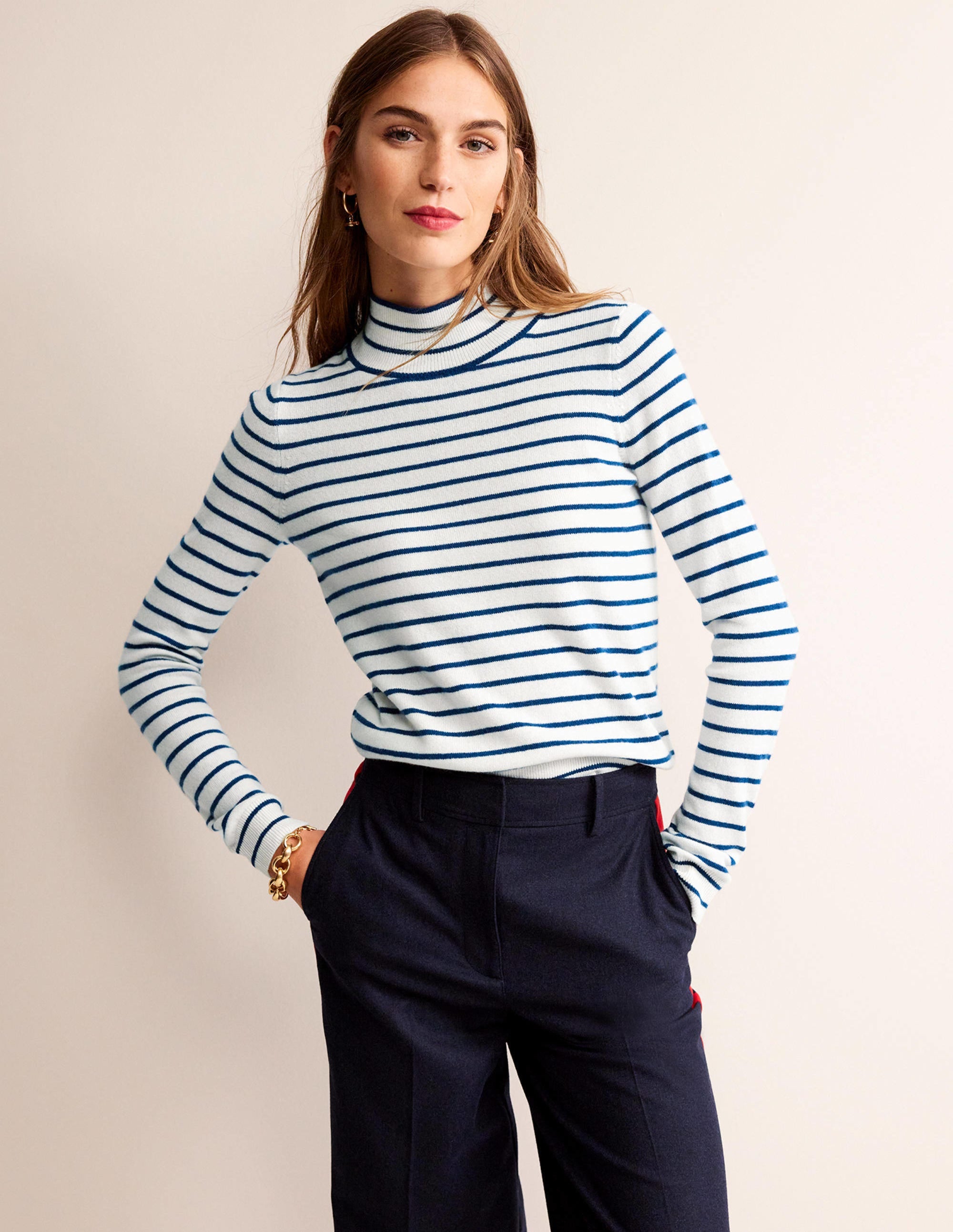 Striped Cashmere Jumper-Ivory / Navy - Image 2