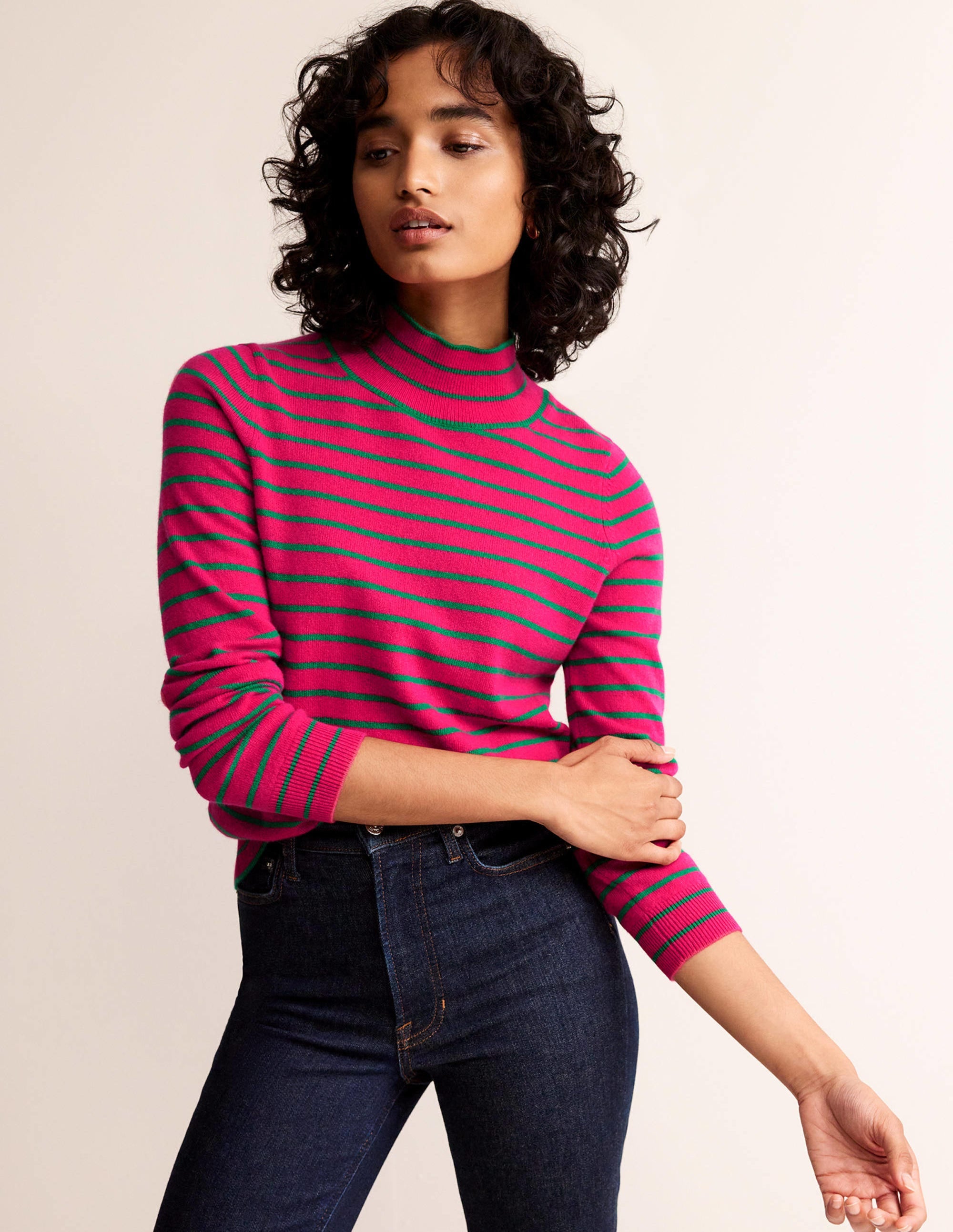 Pull rayé en cachemire-Rose vif/vert viridian - Image 1