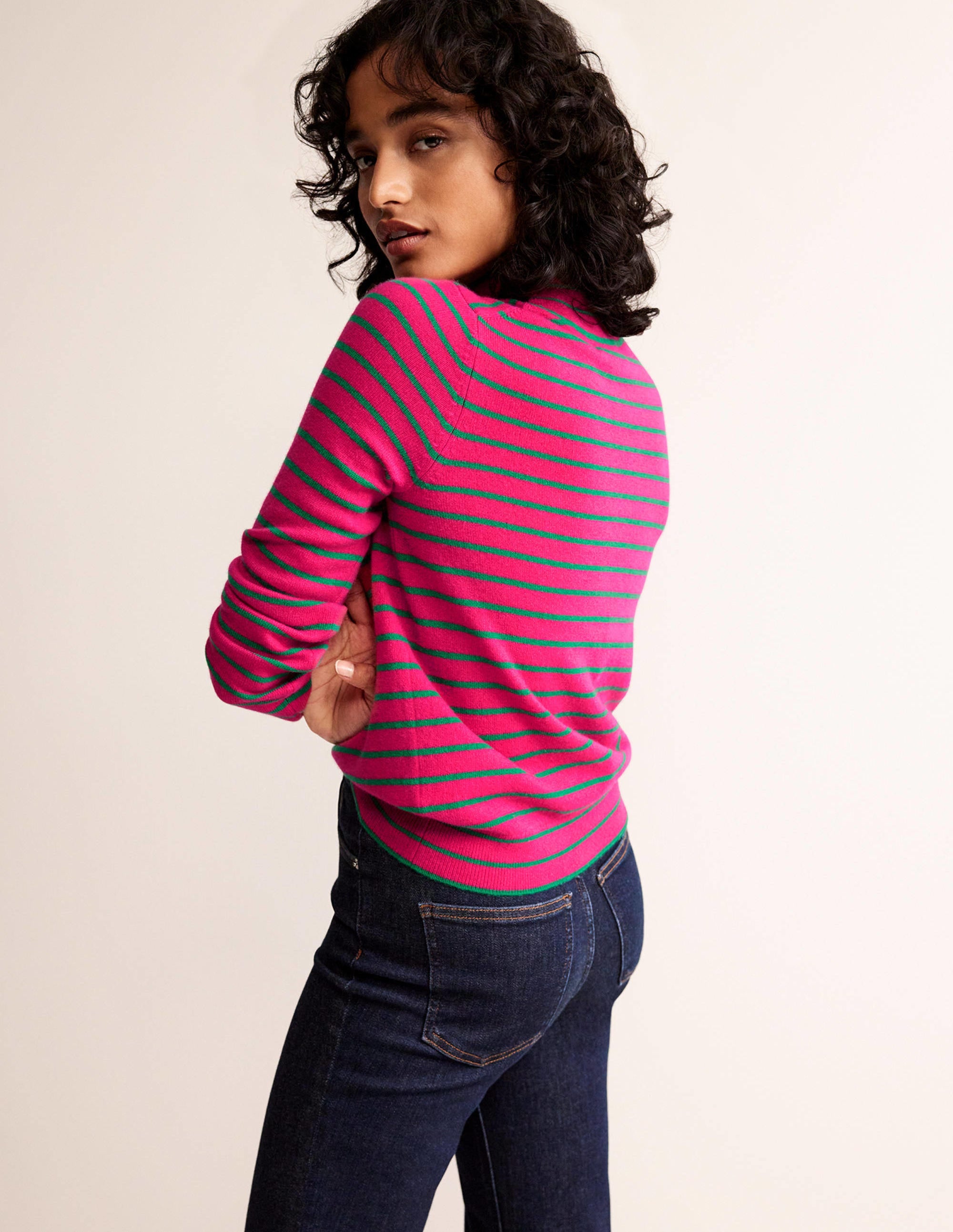 Pull rayé en cachemire-Rose vif/vert viridian - Image 3