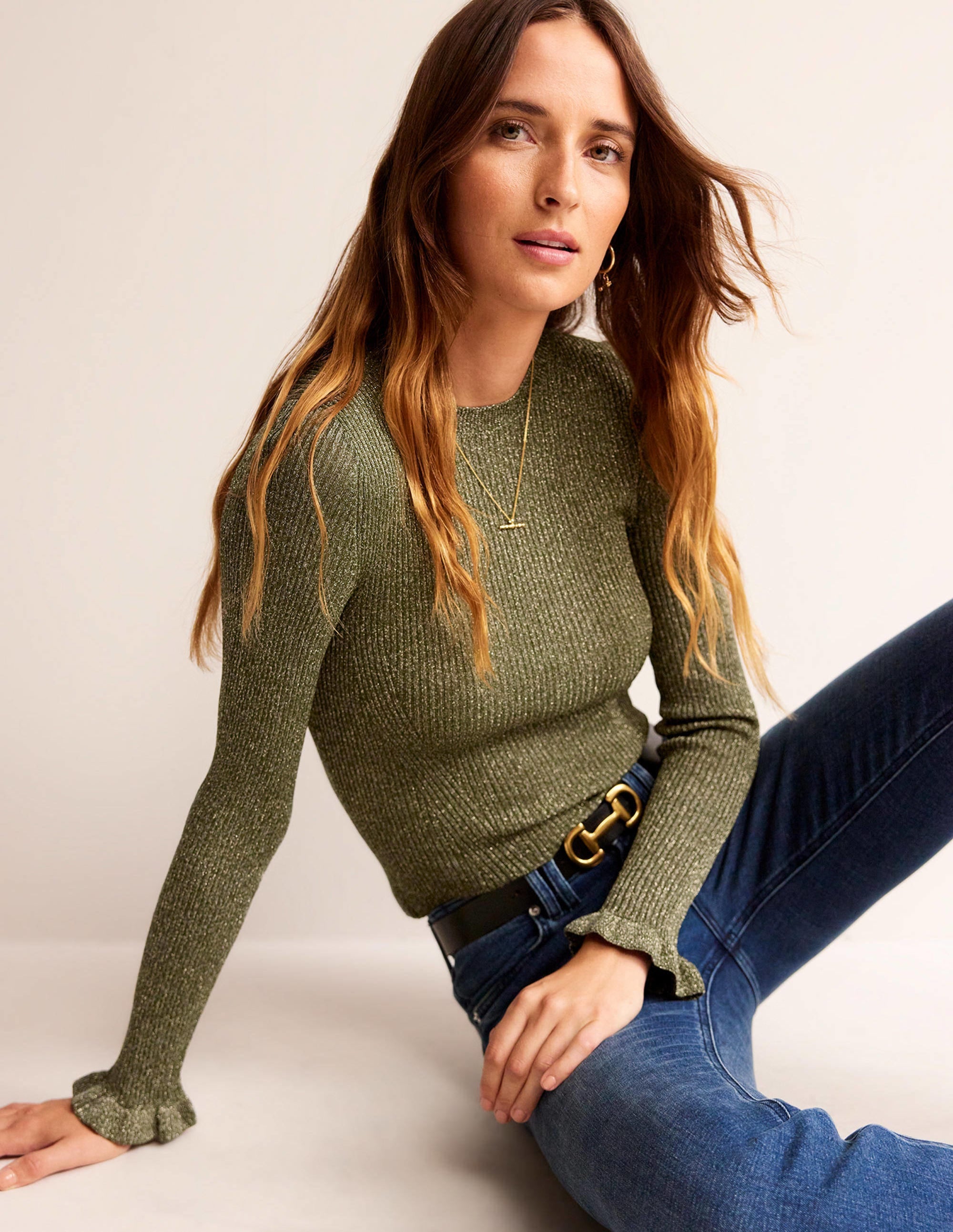 Party-Pullover aus glitzerndem Rippstrick-Oliv-Metallic - Image 1