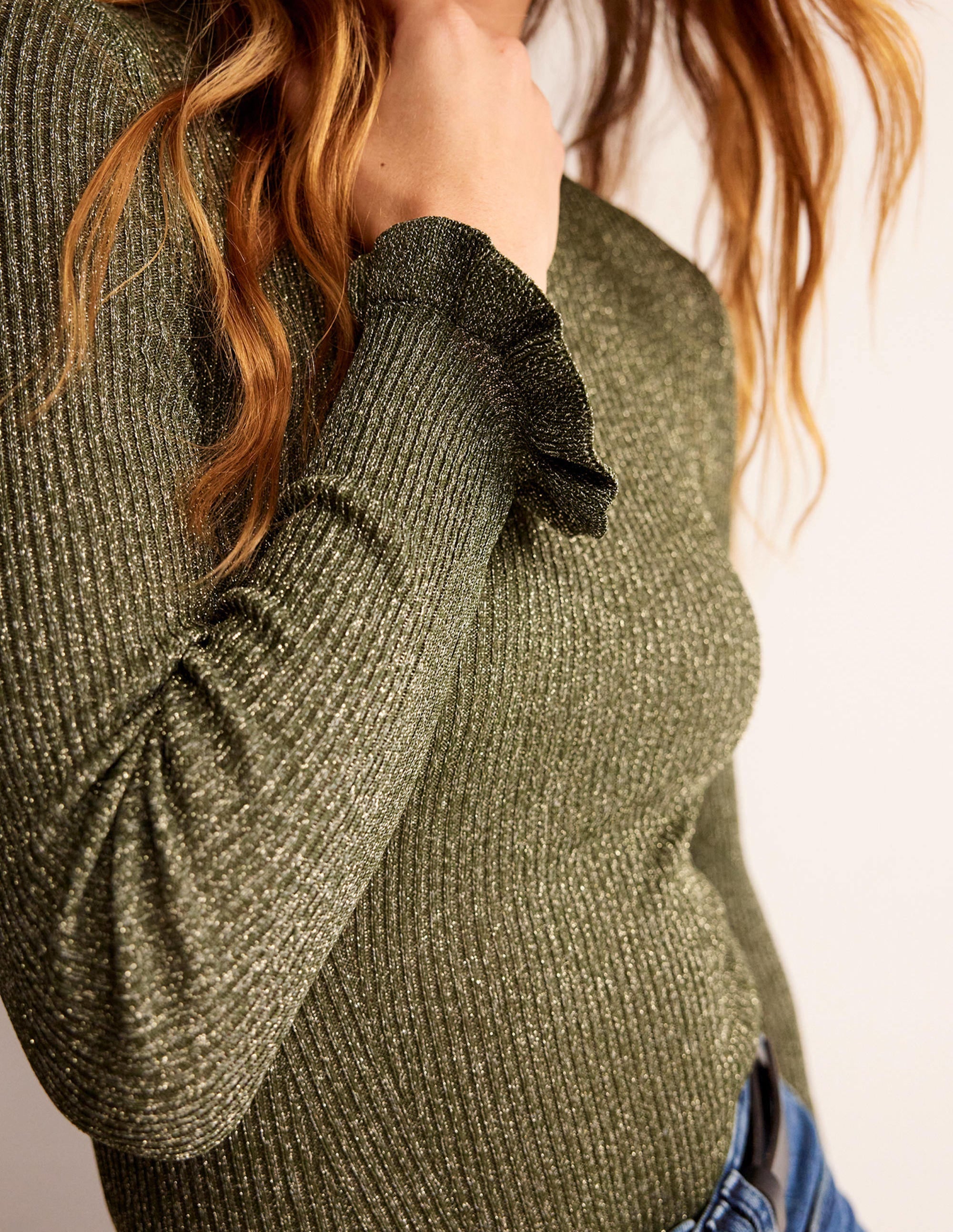 Party-Pullover aus glitzerndem Rippstrick-Oliv-Metallic - Image 2