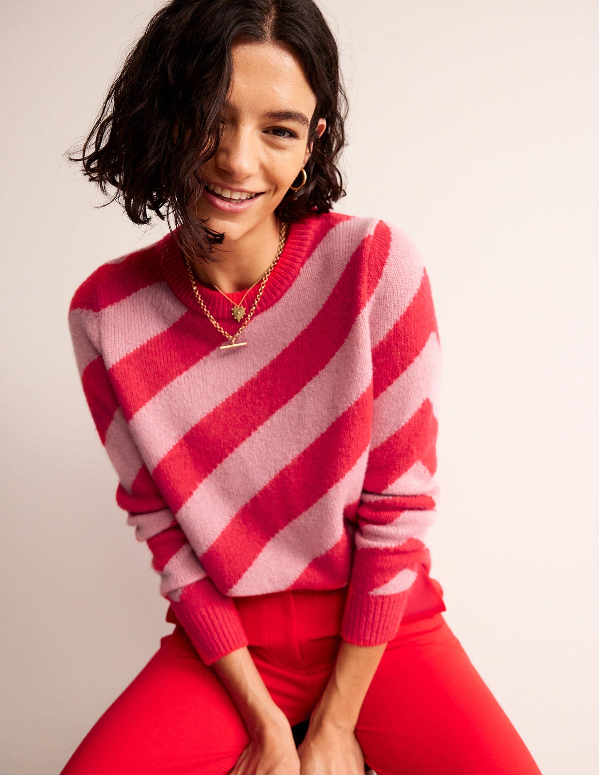 Pull duveteux à rayures diagonales-Rayé rose et orange-1