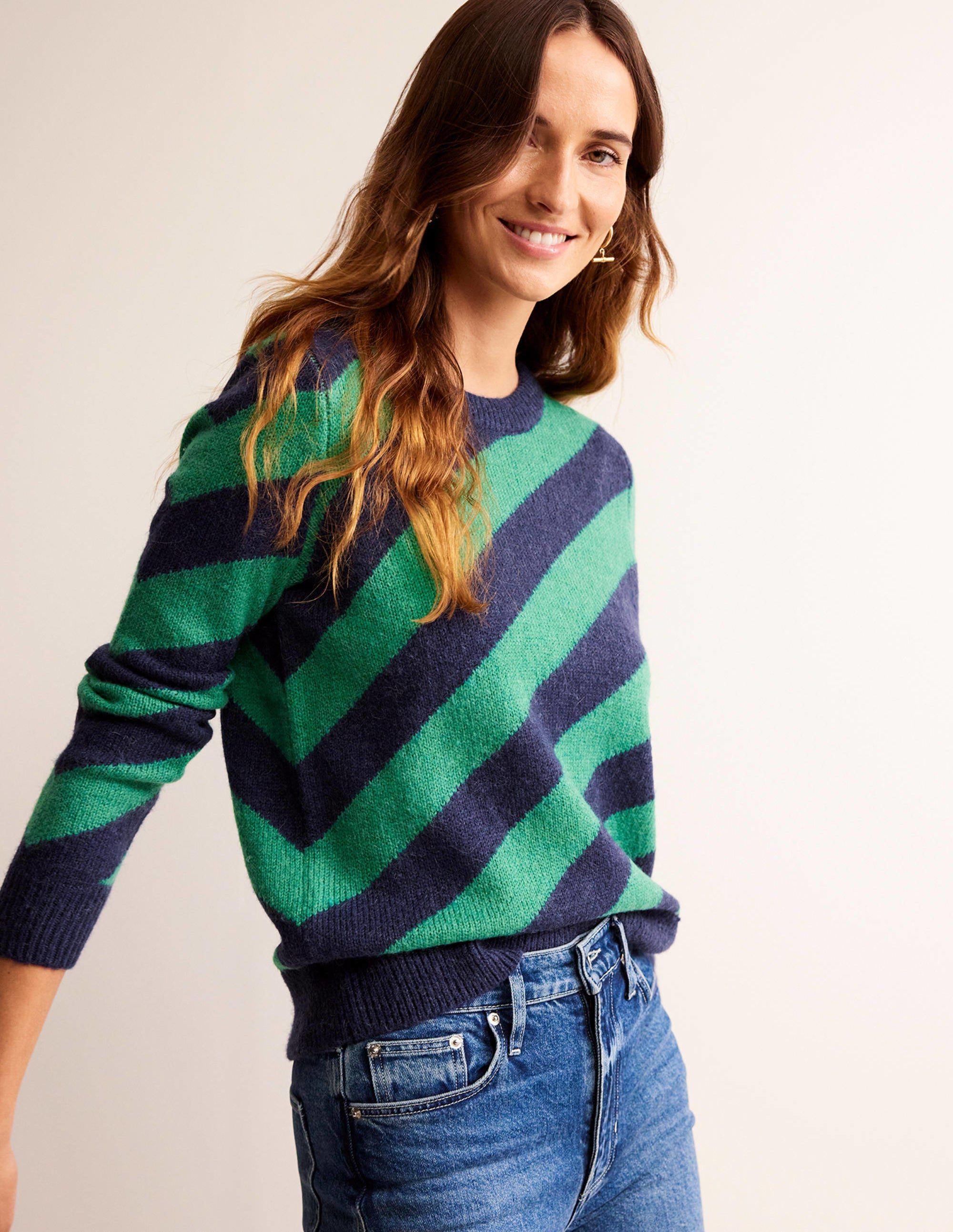 Pull duveteux à rayures diagonales-Rayé bleu marine et vert - Image 1
