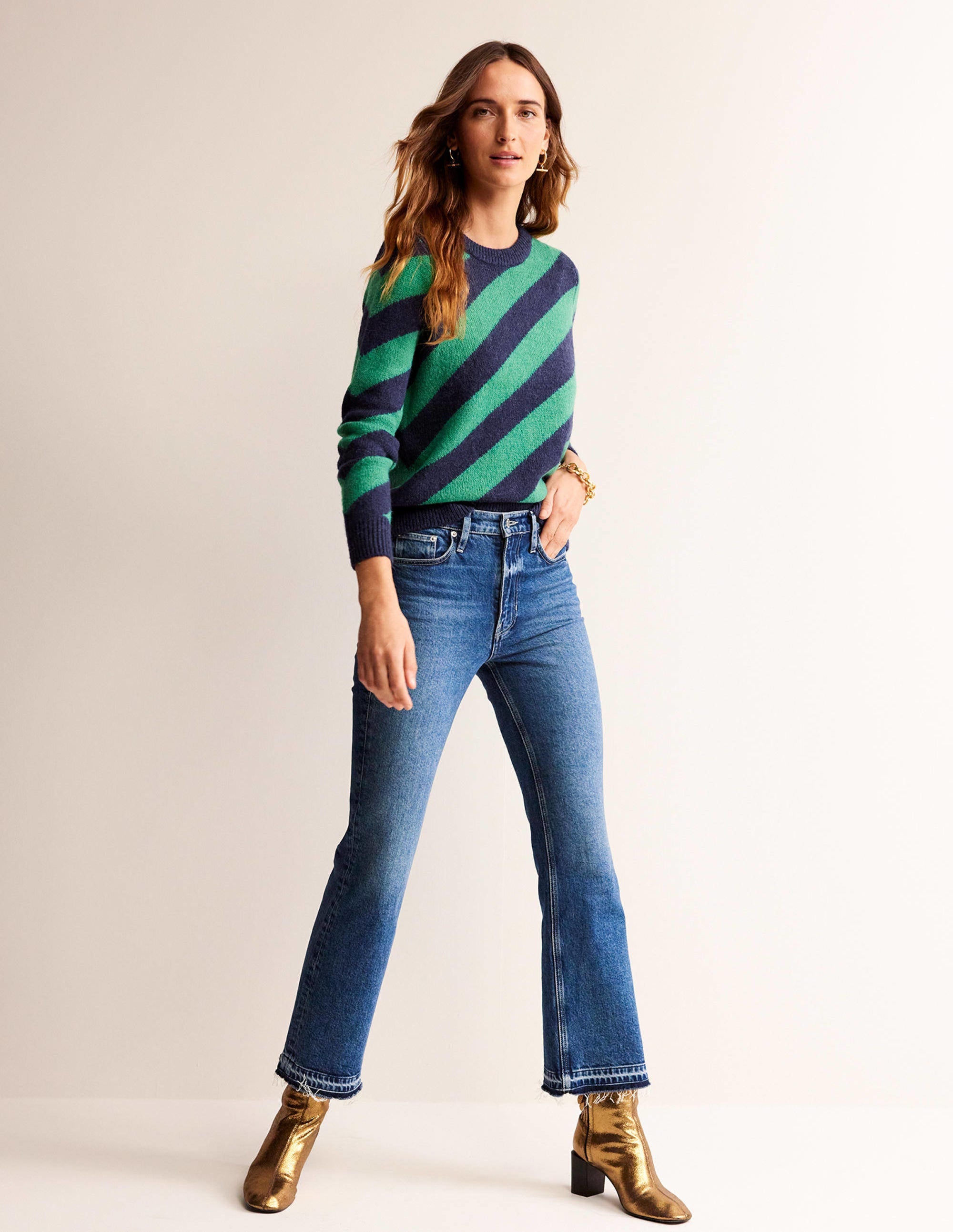 Pull duveteux à rayures diagonales-Rayé bleu marine et vert - Image 4