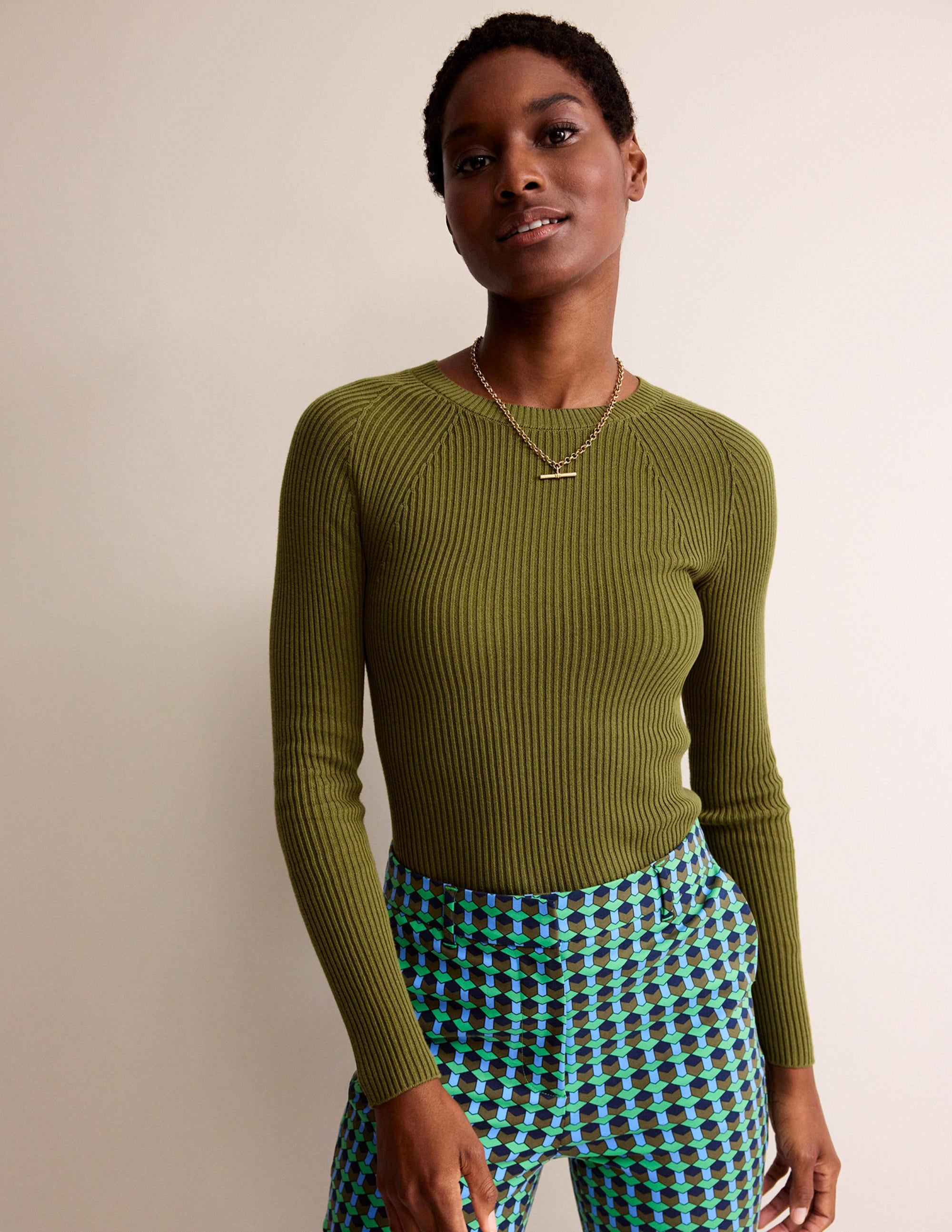Pull côtelé en coton-Olive verte - Image 1