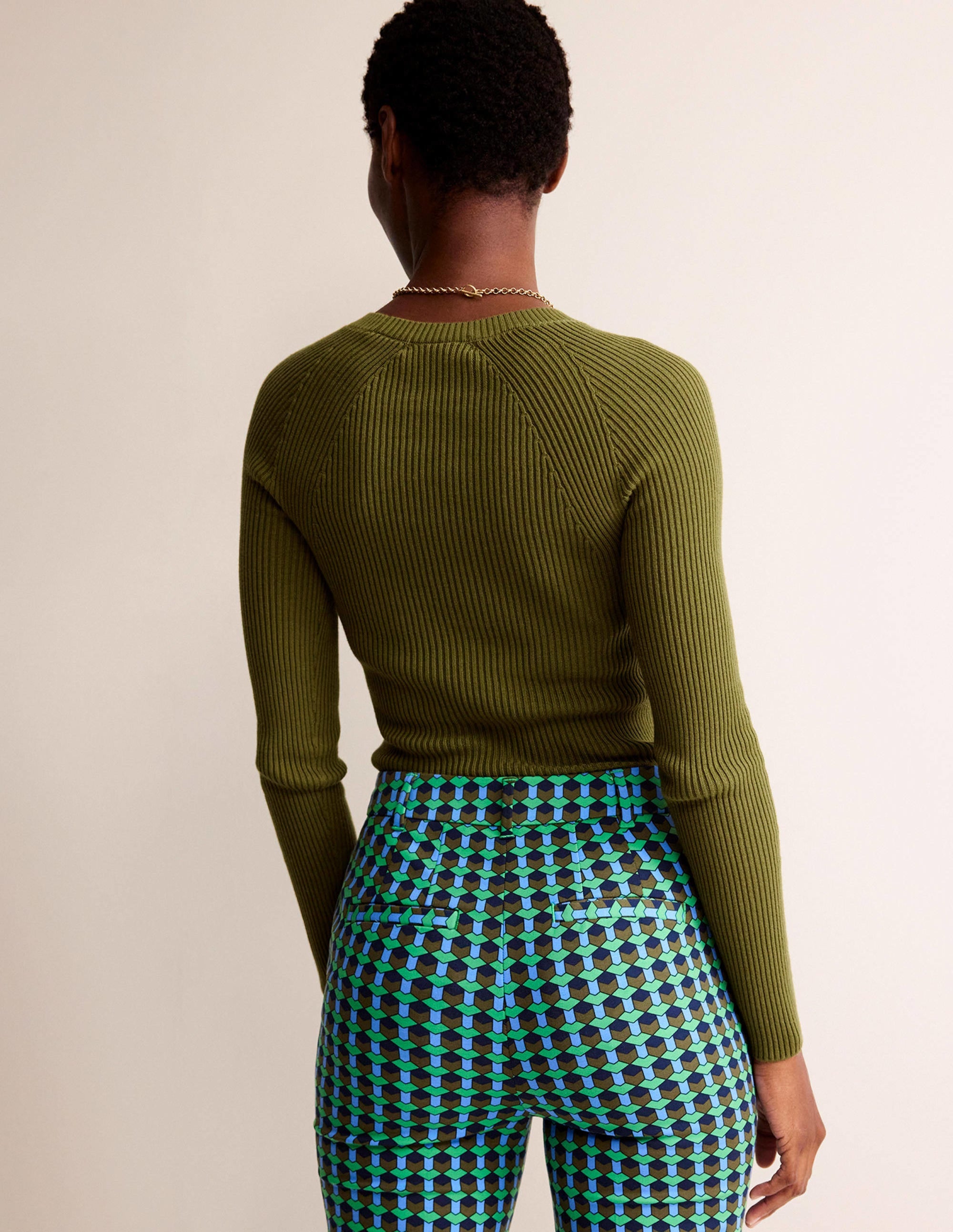 Pull côtelé en coton-Olive verte - Image 3