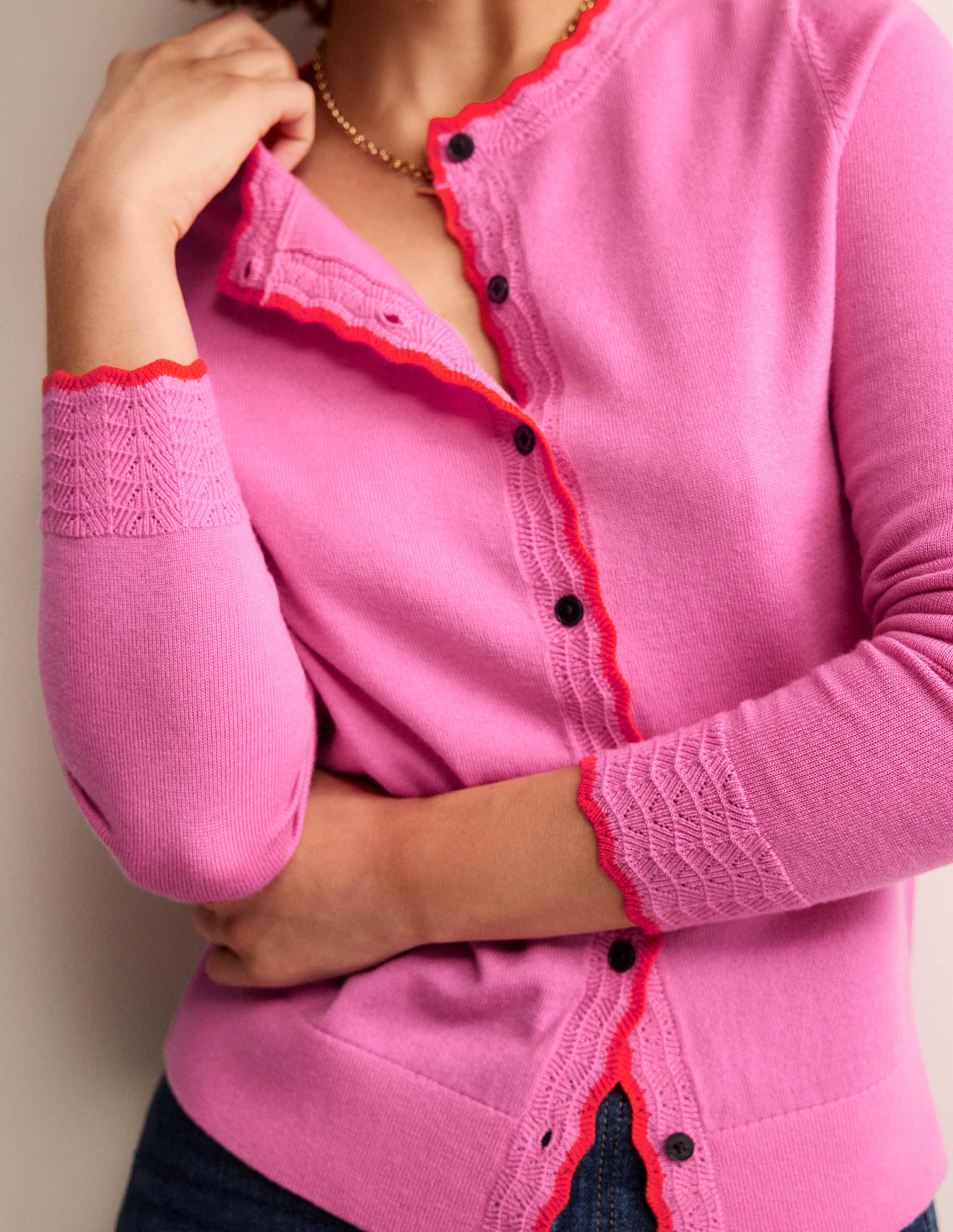 Gilet festonné en laine mérinos-Rose moyen - Image 2