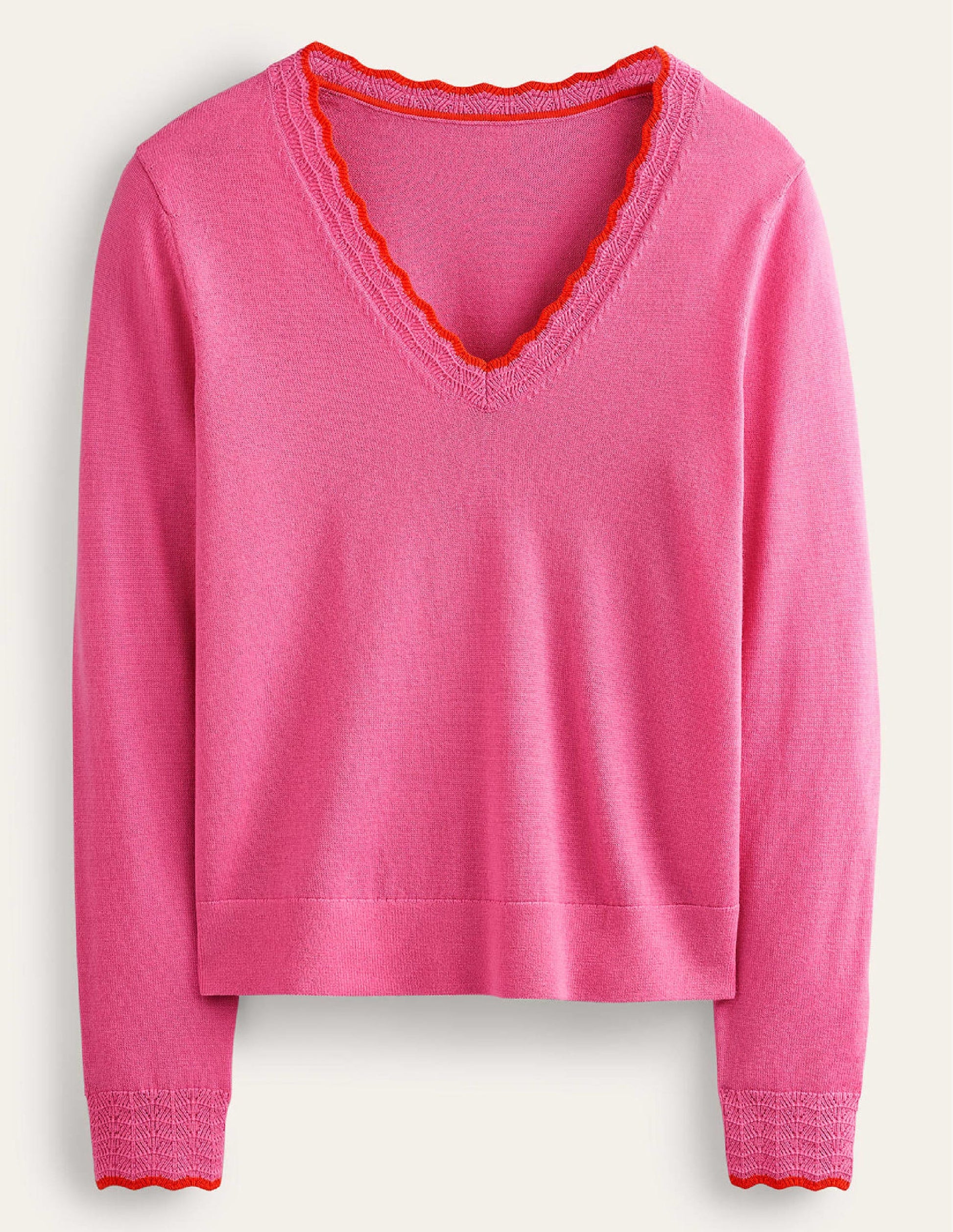 Merino-Pullover mit V-Ausschnitt und Muschelsaum-Mittelpink-5