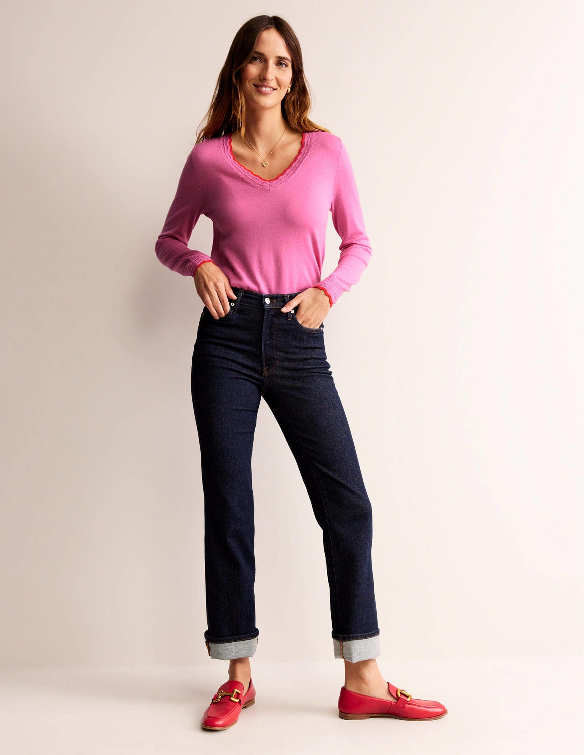 Merino-Pullover mit V-Ausschnitt und Muschelsaum-Mittelpink-4
