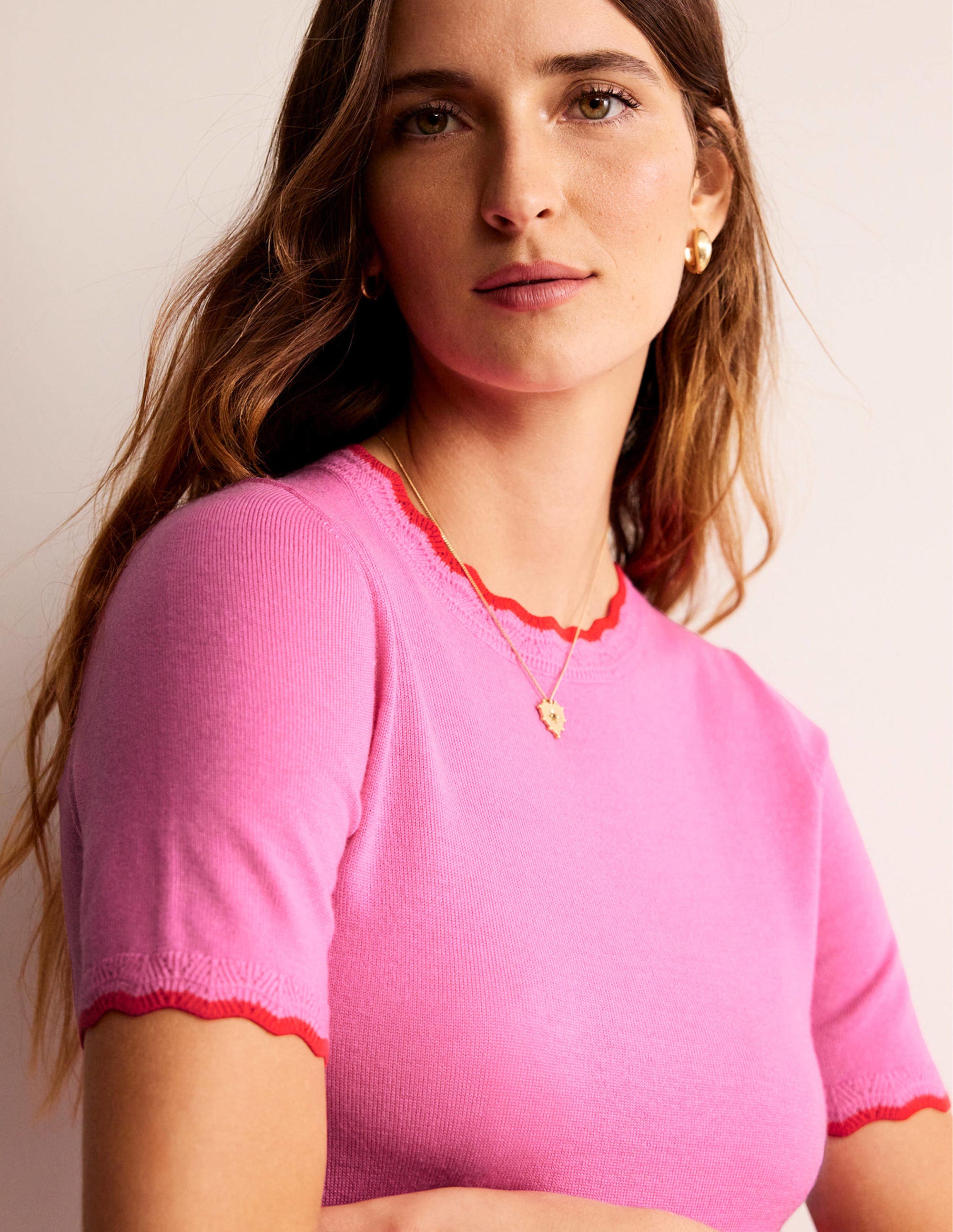 T-Shirt aus Merinowolle mit Muschelrand-Mittelpink - Image 2