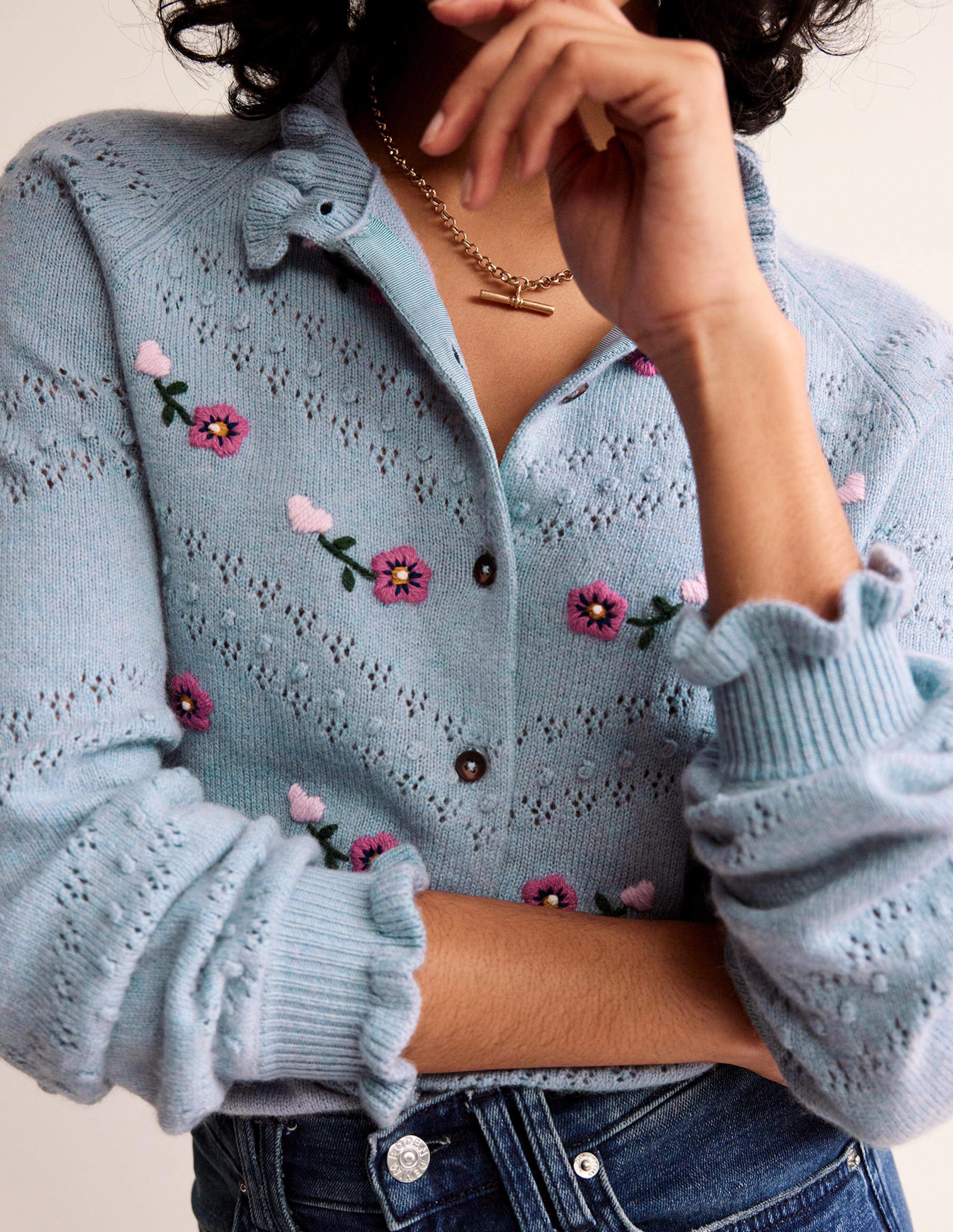 Gilet à broderie florale-Bleu galet - Image 2