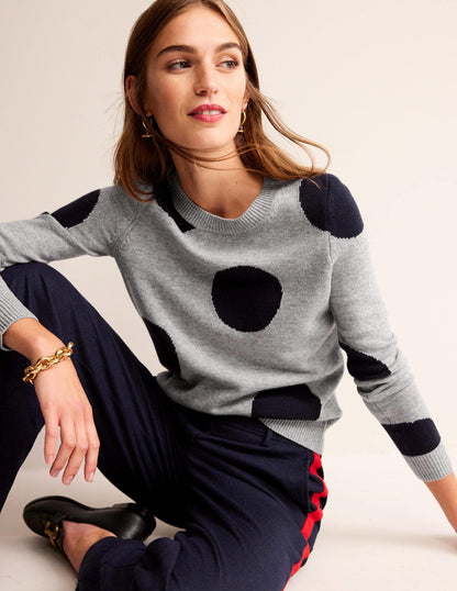 Pullover mit Intarsienpunkten-Grau Meliert, Marineblau Punkte-1