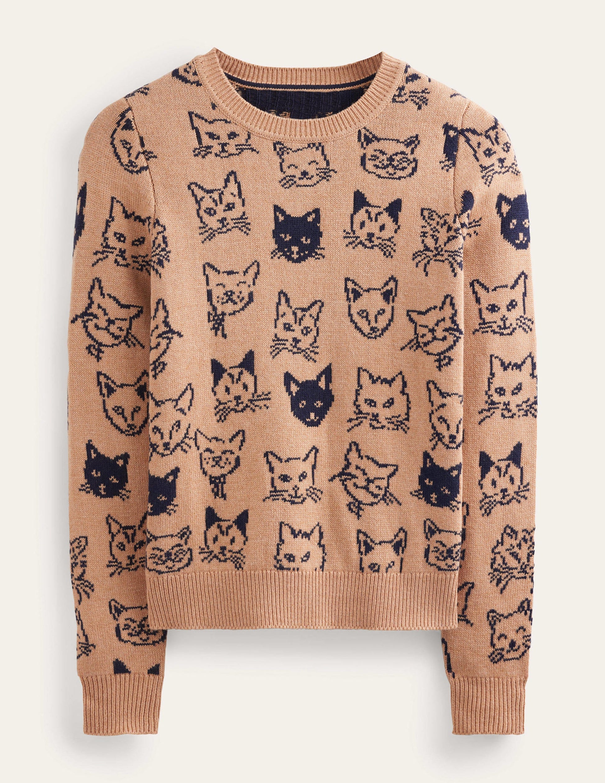 Heather Jacquard-Pullover-Kamelbraun und Marineblau, Katzen-5