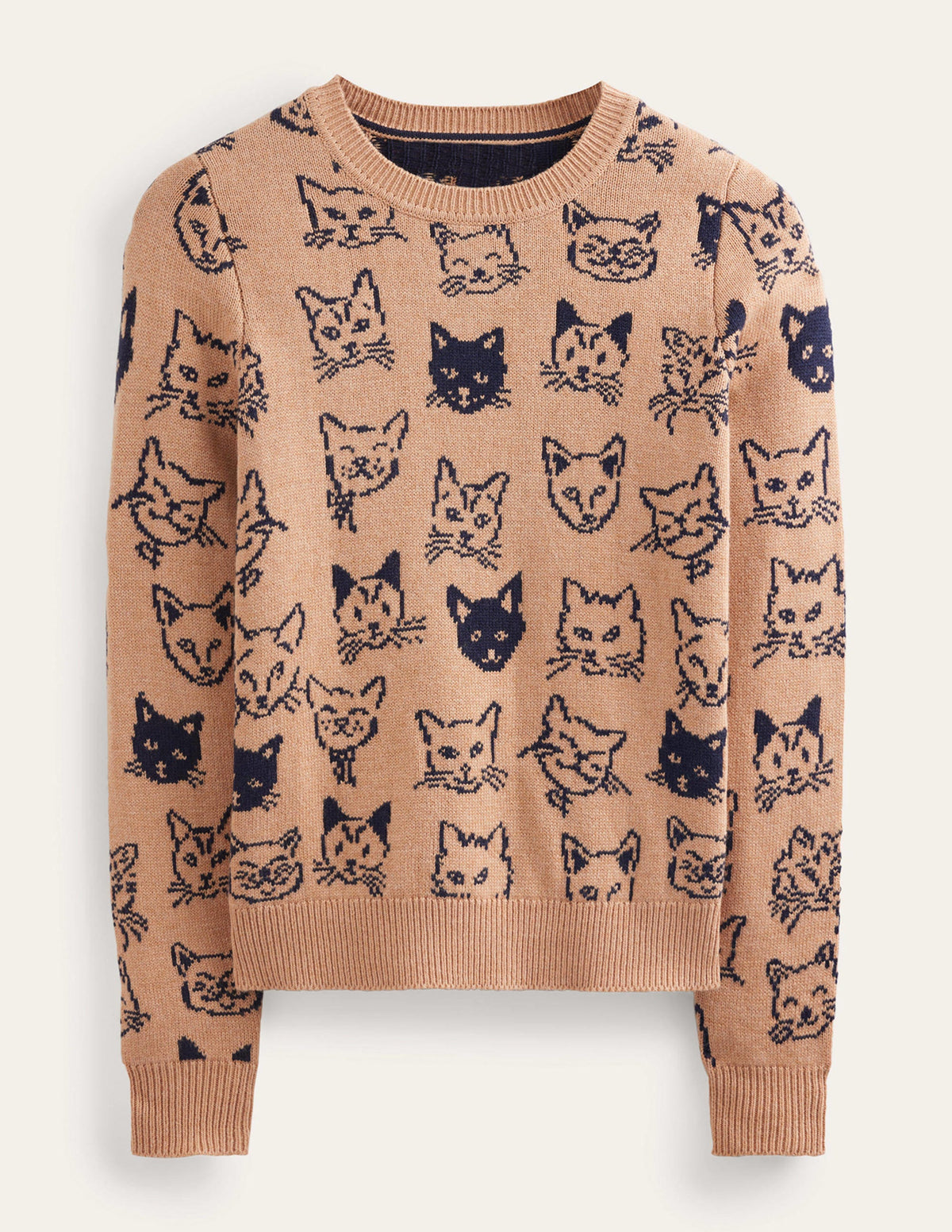 Heather Jacquard-Pullover-Kamelbraun und Marineblau, Katzen - Image 5
