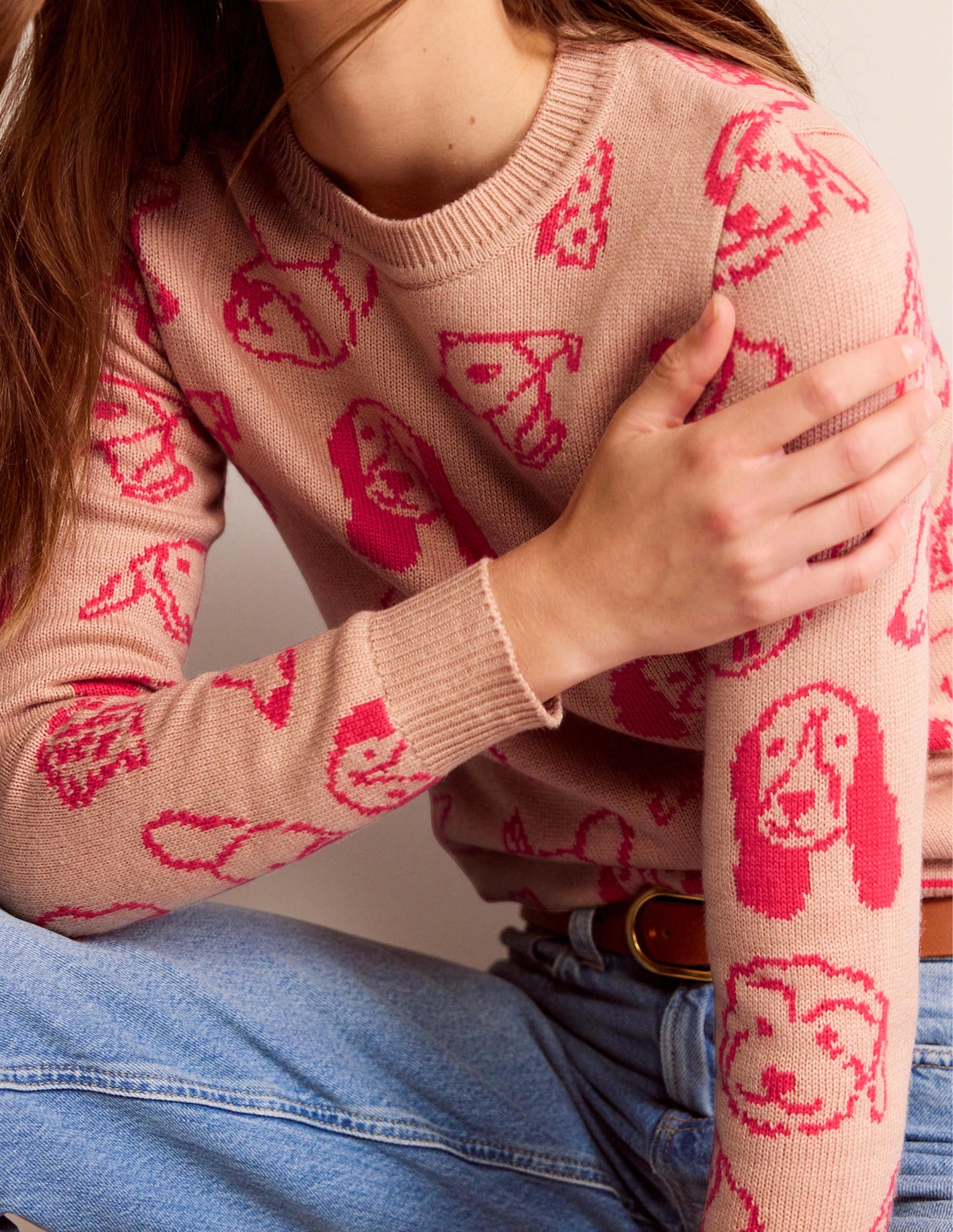 Heather Jacquard-Pullover-Graubraun, Himbeerrot Hunde - Image 2
