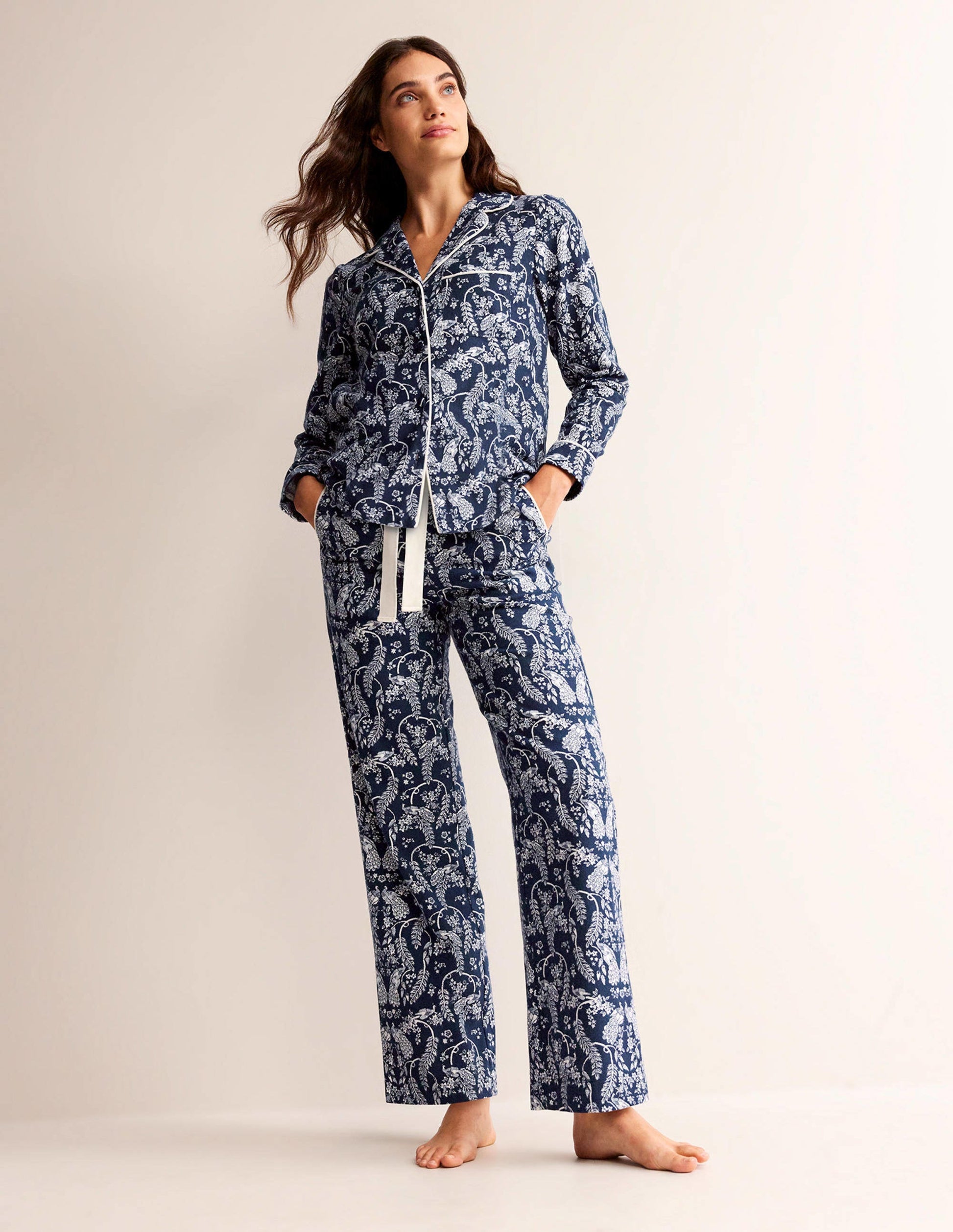Bas de pyjama en coton brossé-Bleu marine foncé, paon-1