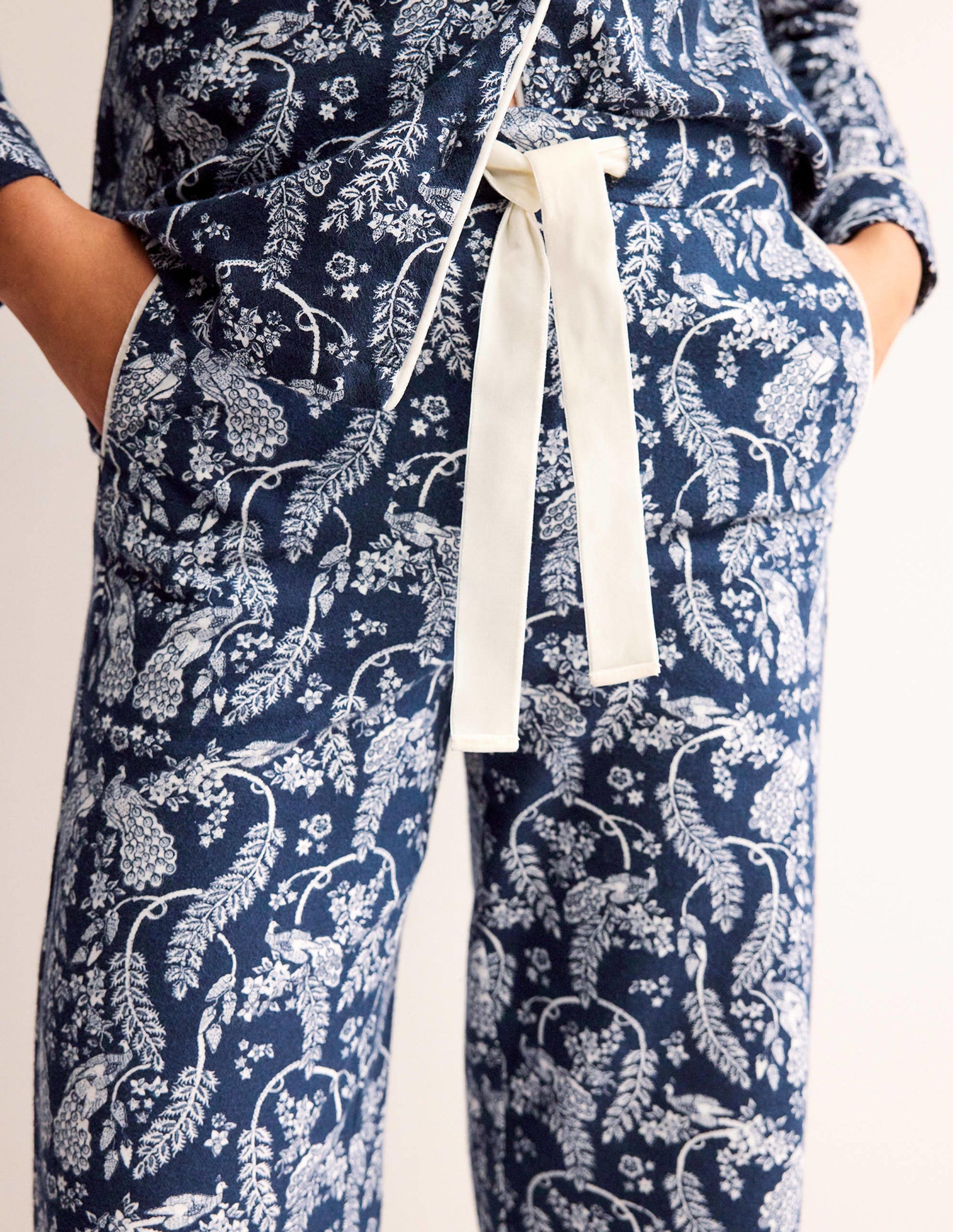 Bas de pyjama en coton brossé-Bleu marine foncé, paon-2