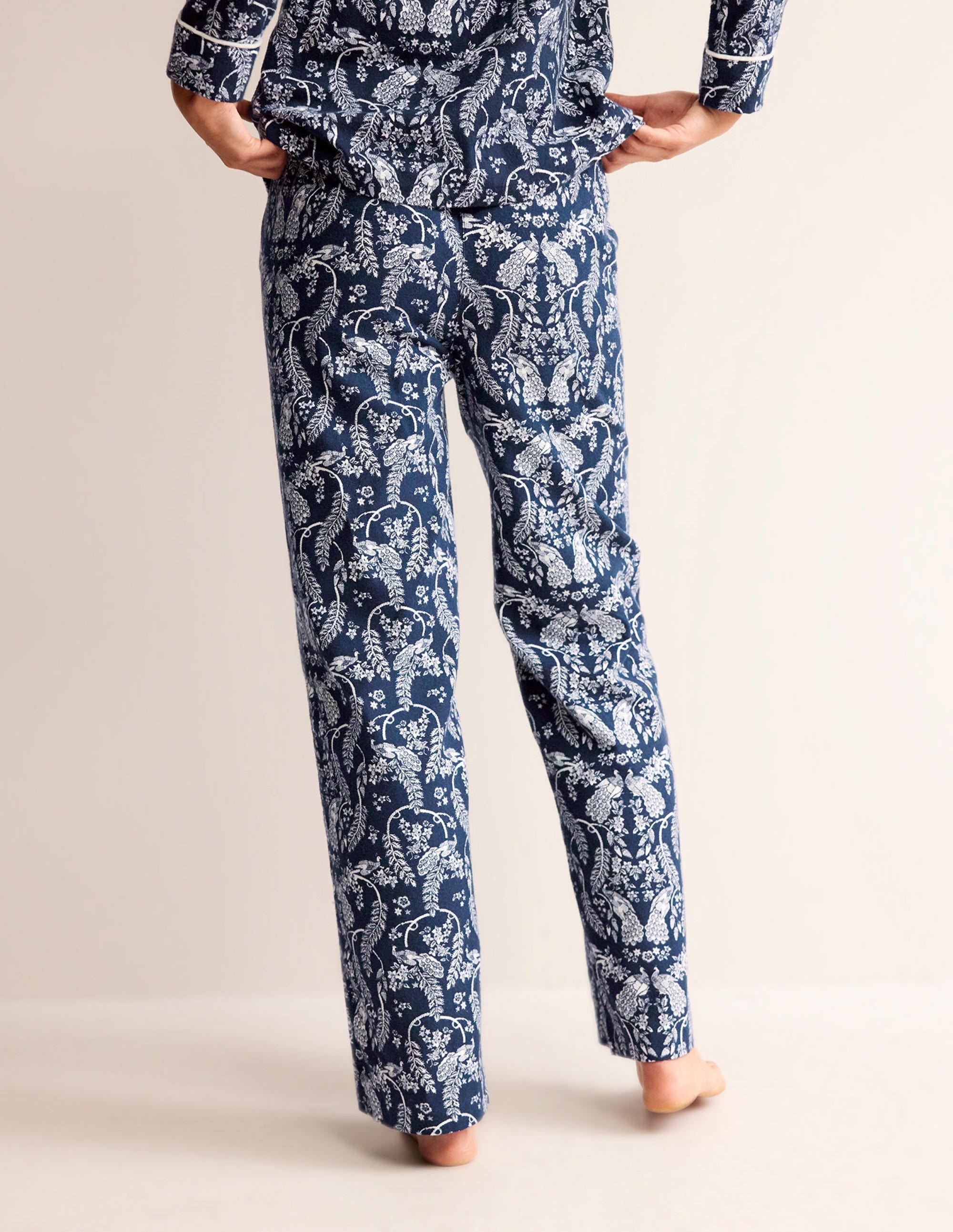 Bas de pyjama en coton brossé-Bleu marine foncé, paon - Image 3
