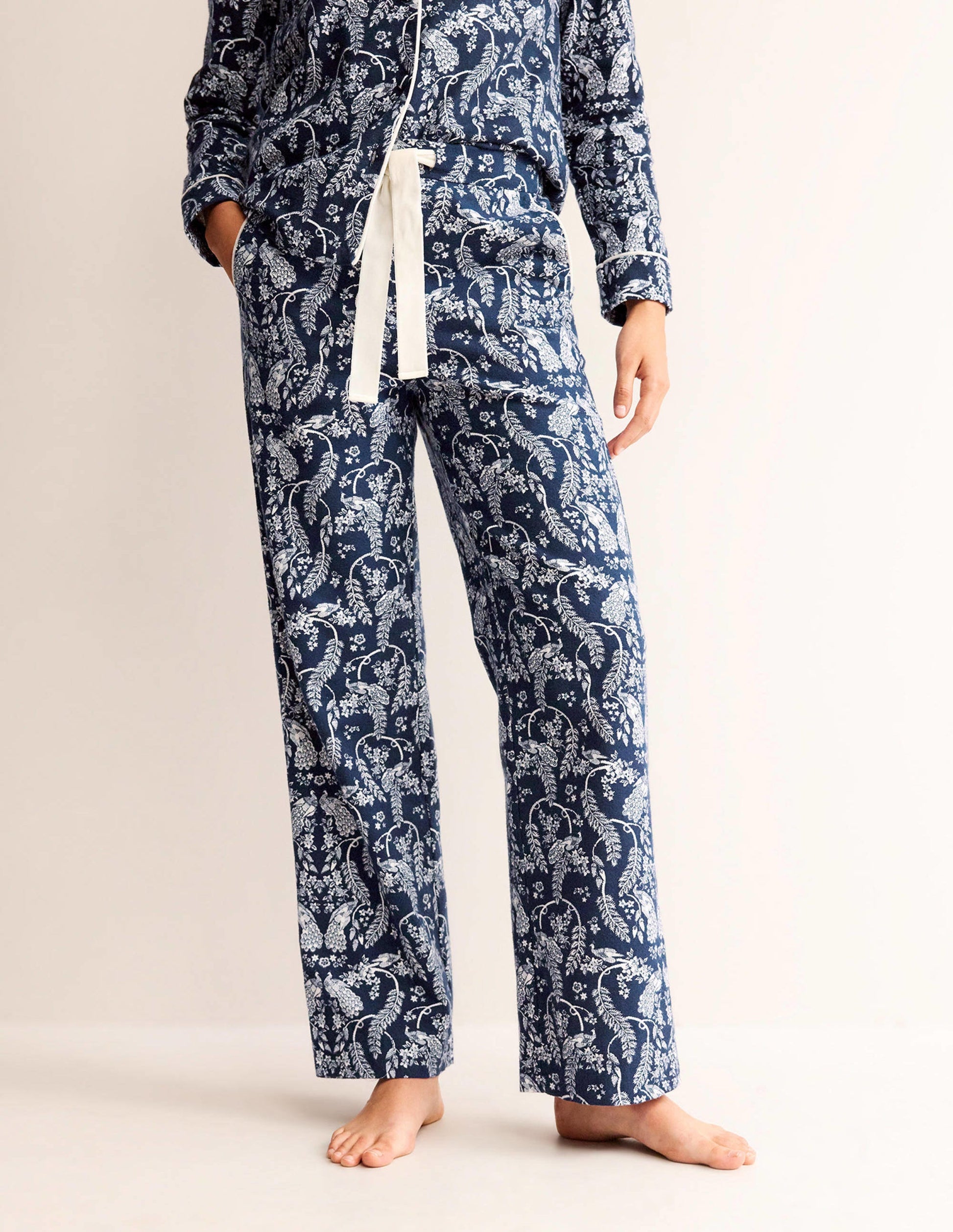 Bas de pyjama en coton brossé-Bleu marine foncé, paon-4