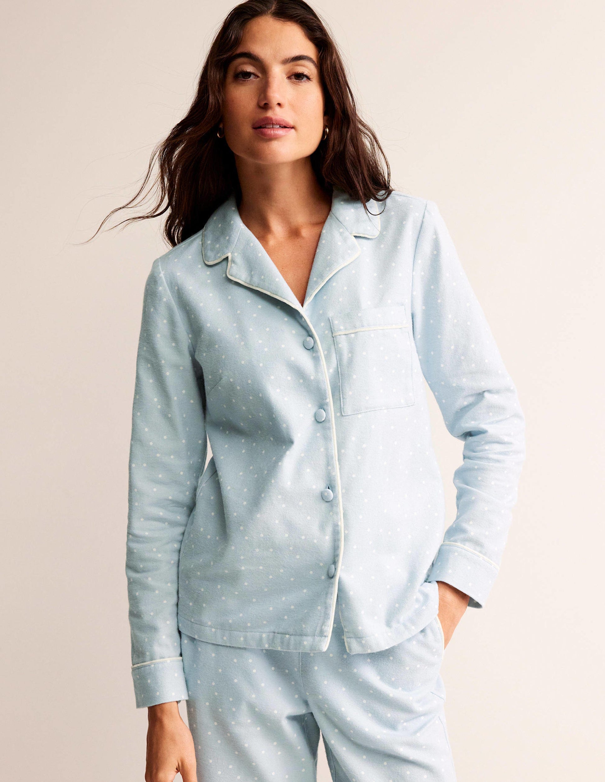 Haut de pyjama en coton brossé-Vert écume, motif Spaced Dotty-4