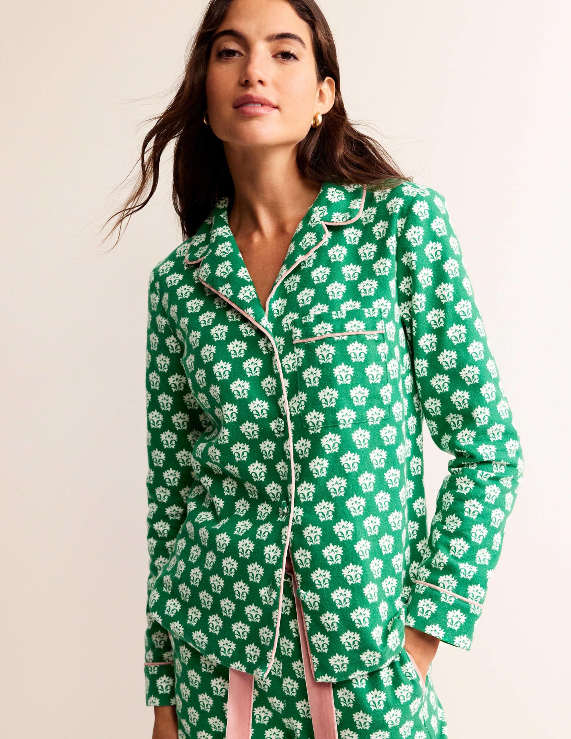 Brushed Cotton Pyjama Shirt-Veridian Green, Lily - Image 2