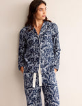Haut de pyjama en coton brossé-Bleu marine foncé, paon
