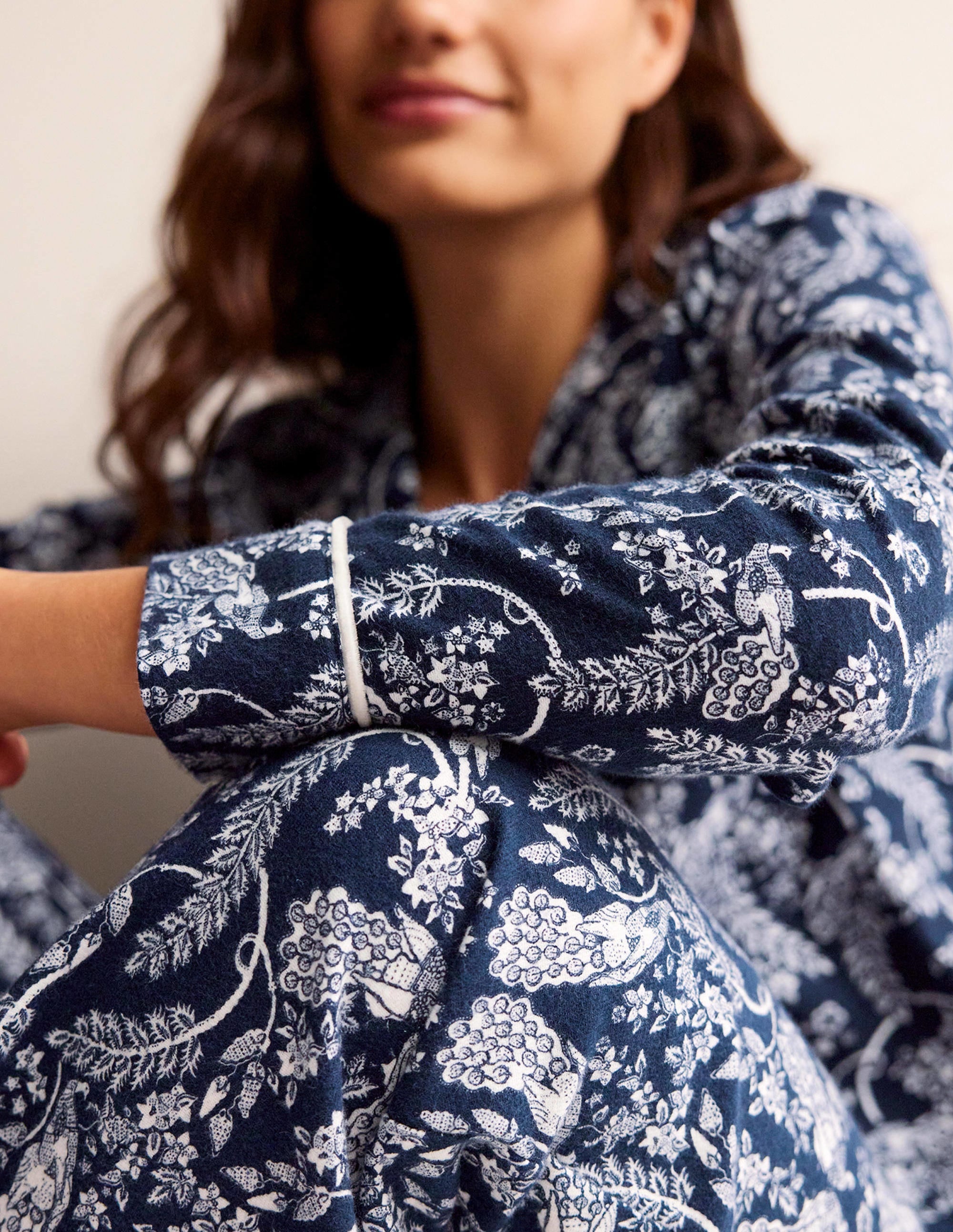 Haut de pyjama en coton brossé-Bleu marine foncé, paon - Image 2