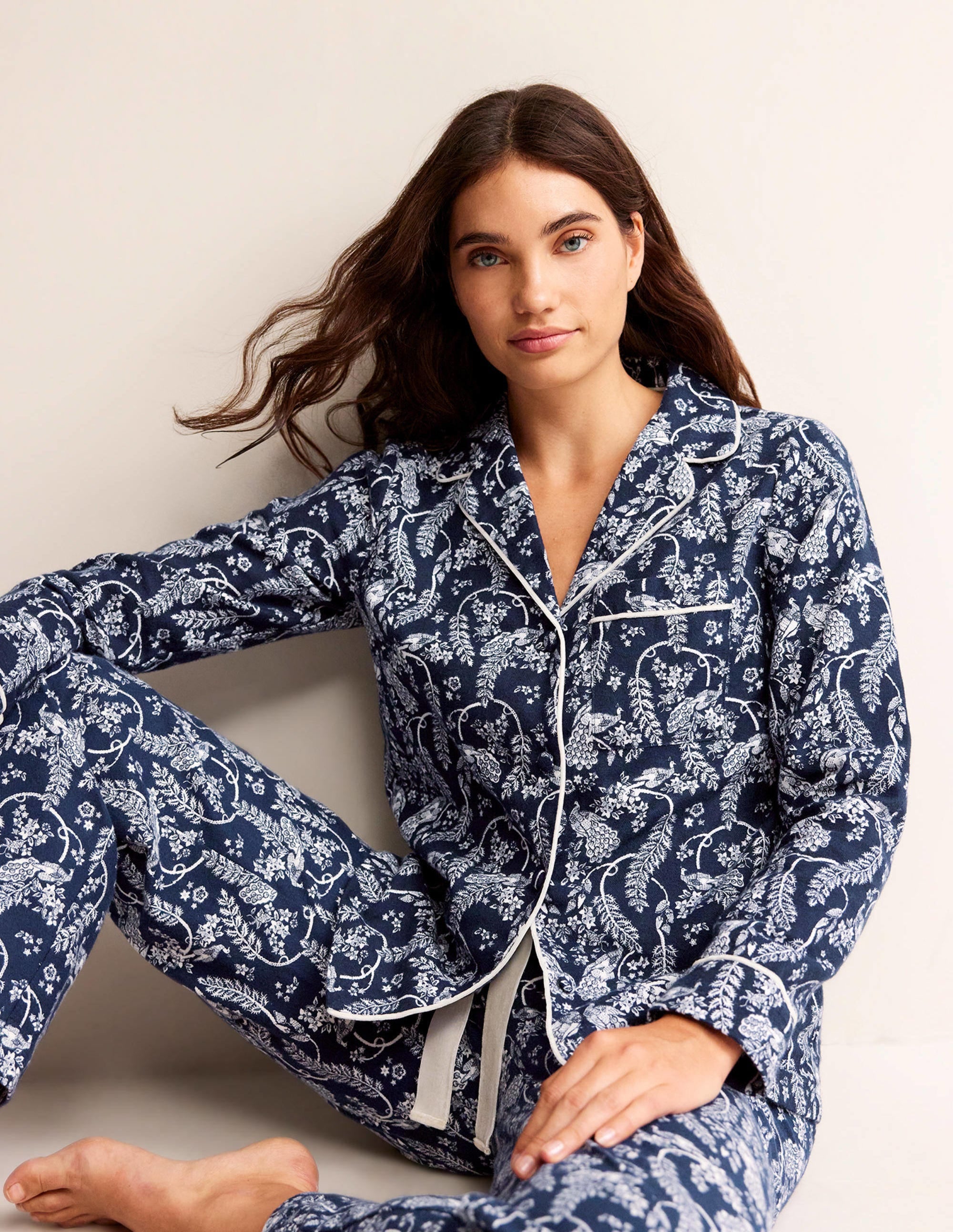 Haut de pyjama en coton brossé-Bleu marine foncé, paon - Image 4