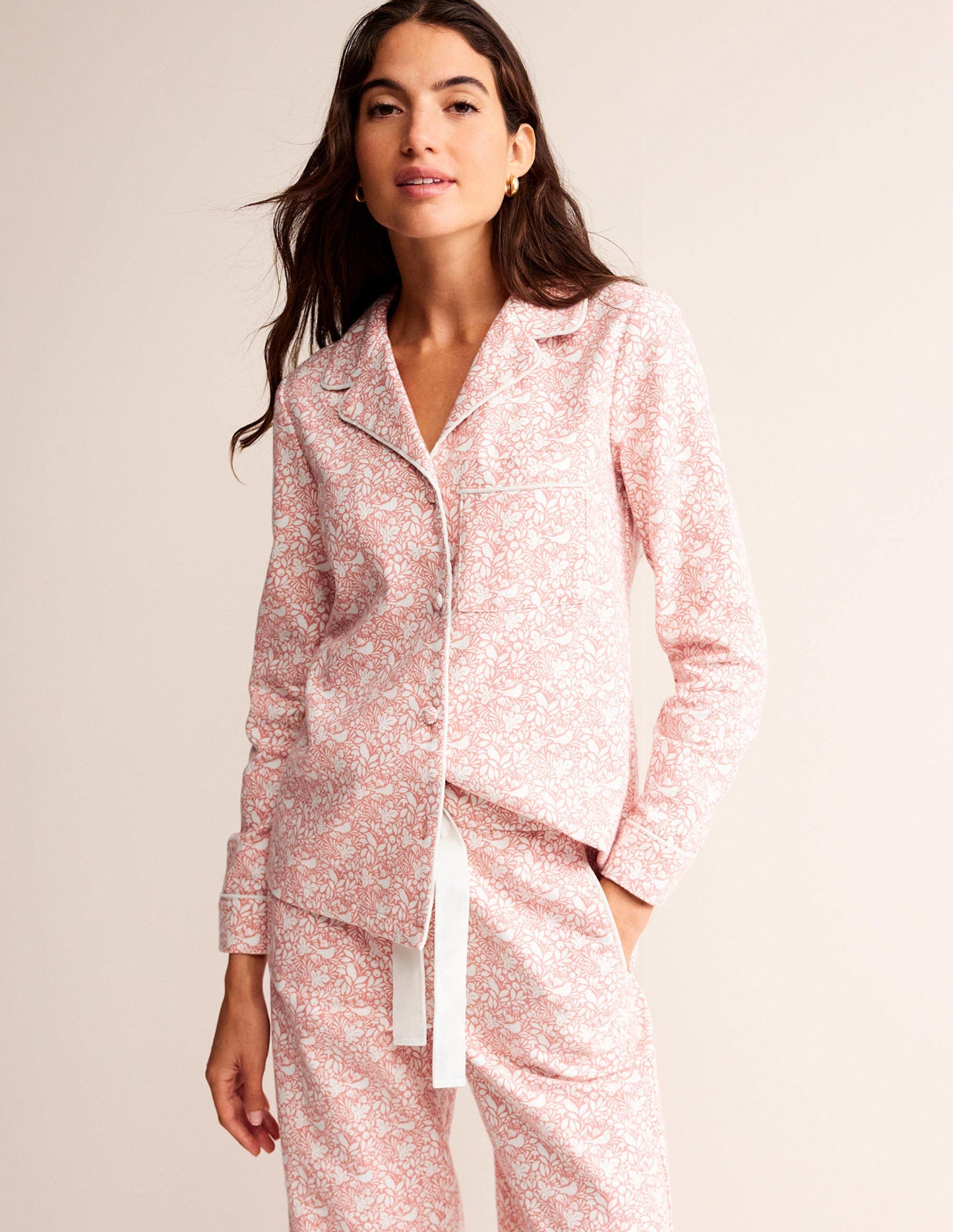 Haut de pyjama en coton brossé-Rosette poudré, motif Forest Meadow
