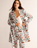 Cotton-Sateen Dressing Gown-Ivory, Jungle Flora