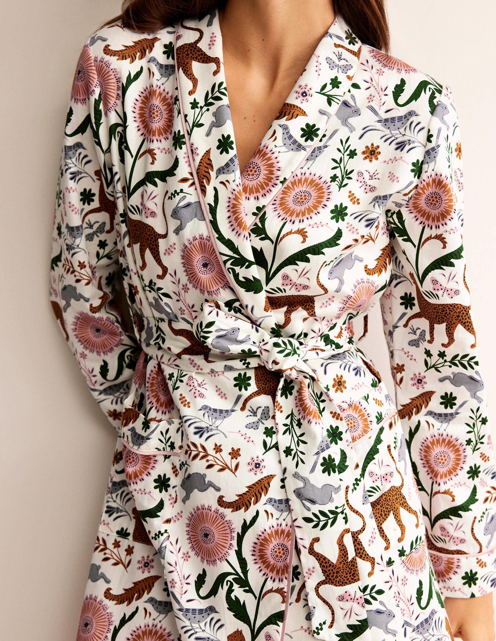 Cotton-Sateen Dressing Gown-Ivory, Jungle Flora-2