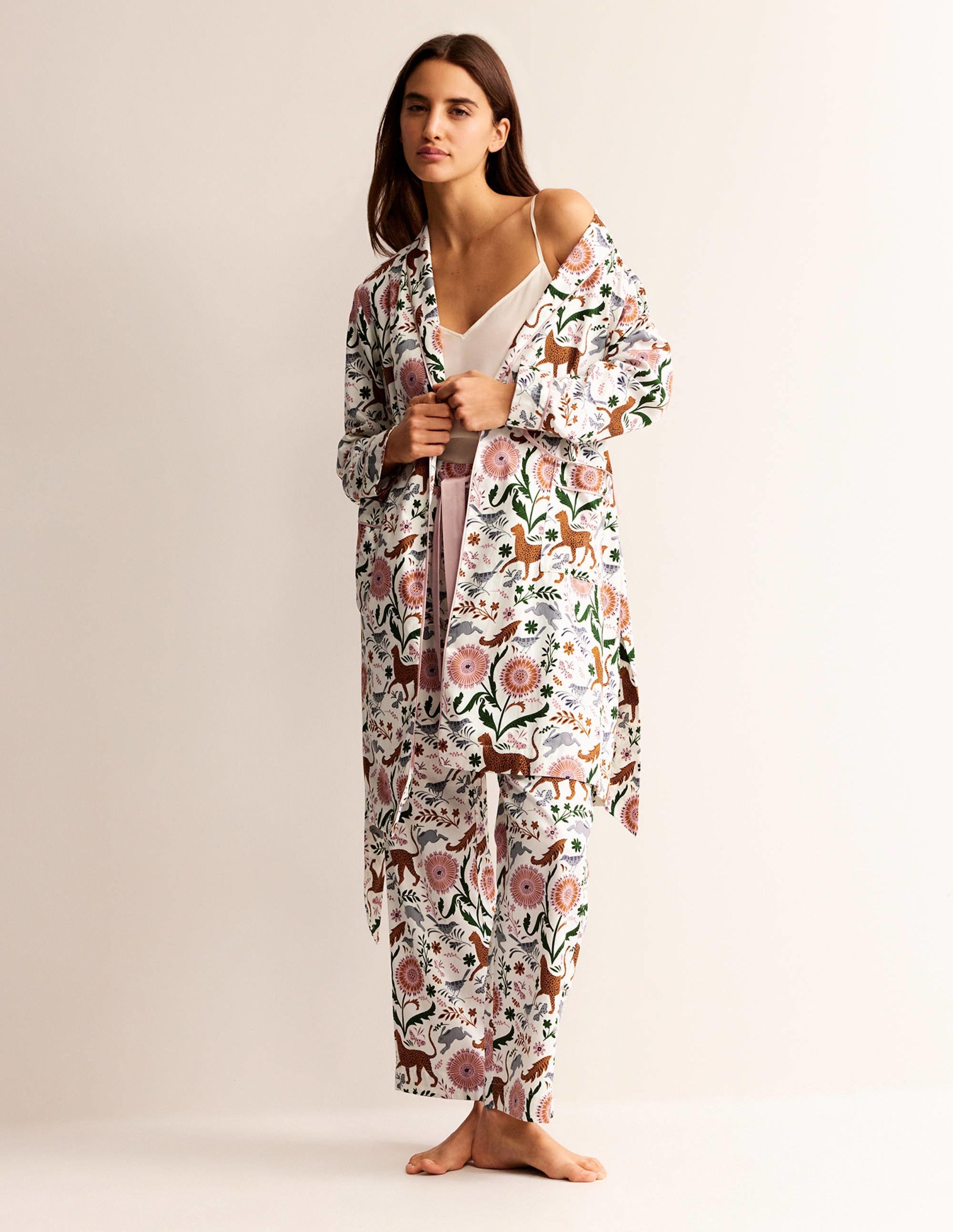 Cotton-Sateen Dressing Gown-Ivory, Jungle Flora - Image 5