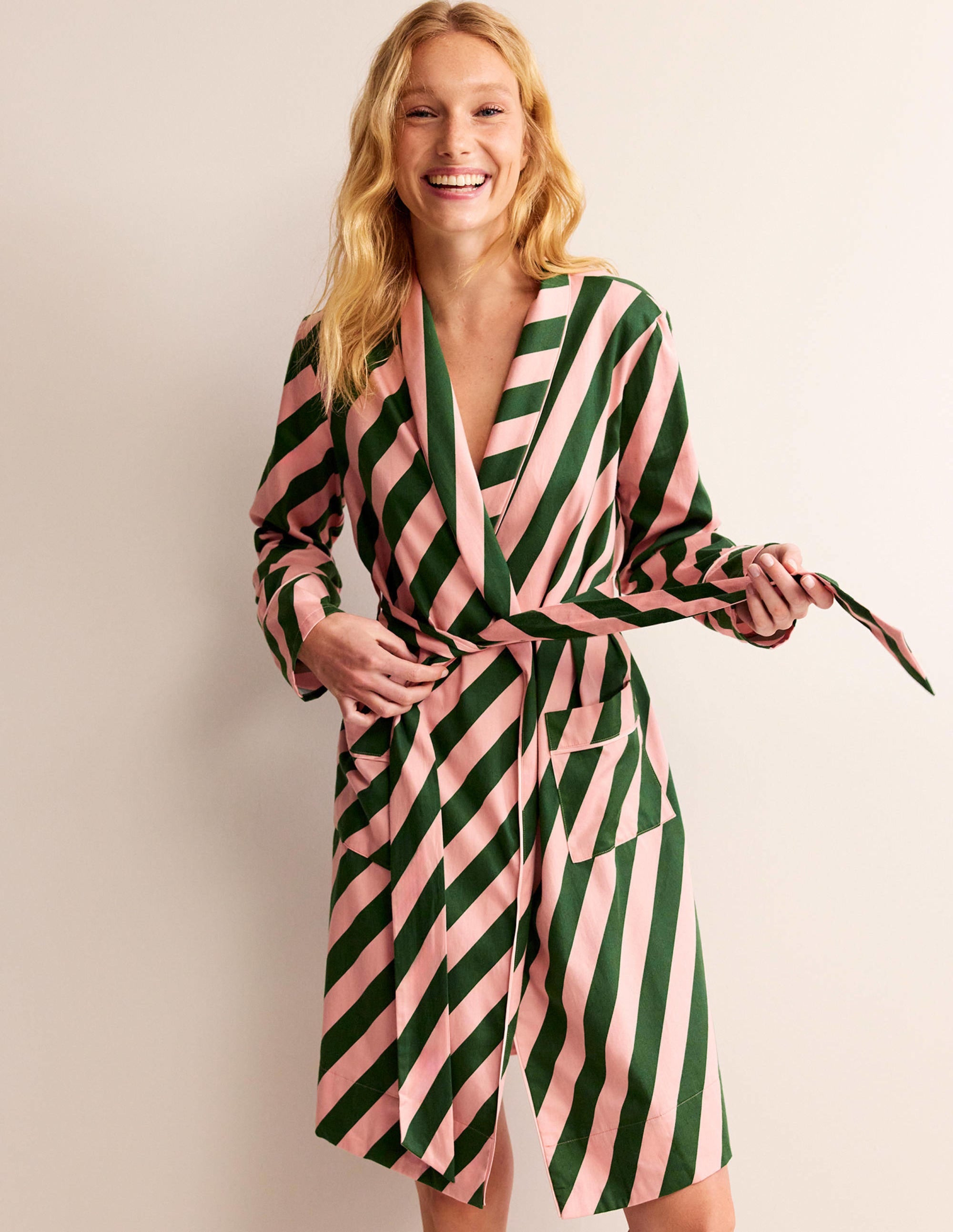 Robe de chambre en satinette de coton-Rose rosette, vert amazonien - Image 4