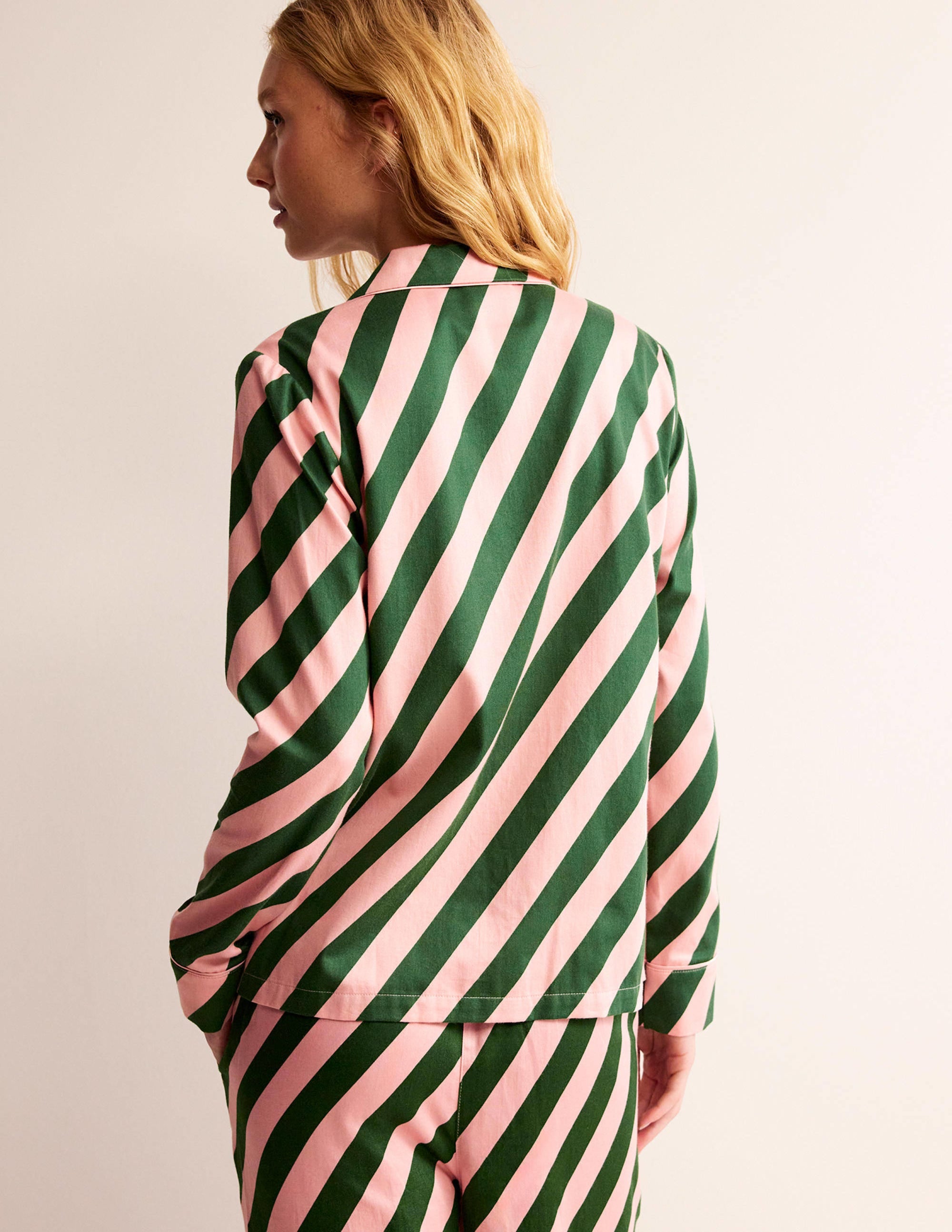 Haut de pyjama en satinette de coton-Rayé rose rosette et vert - Image 3