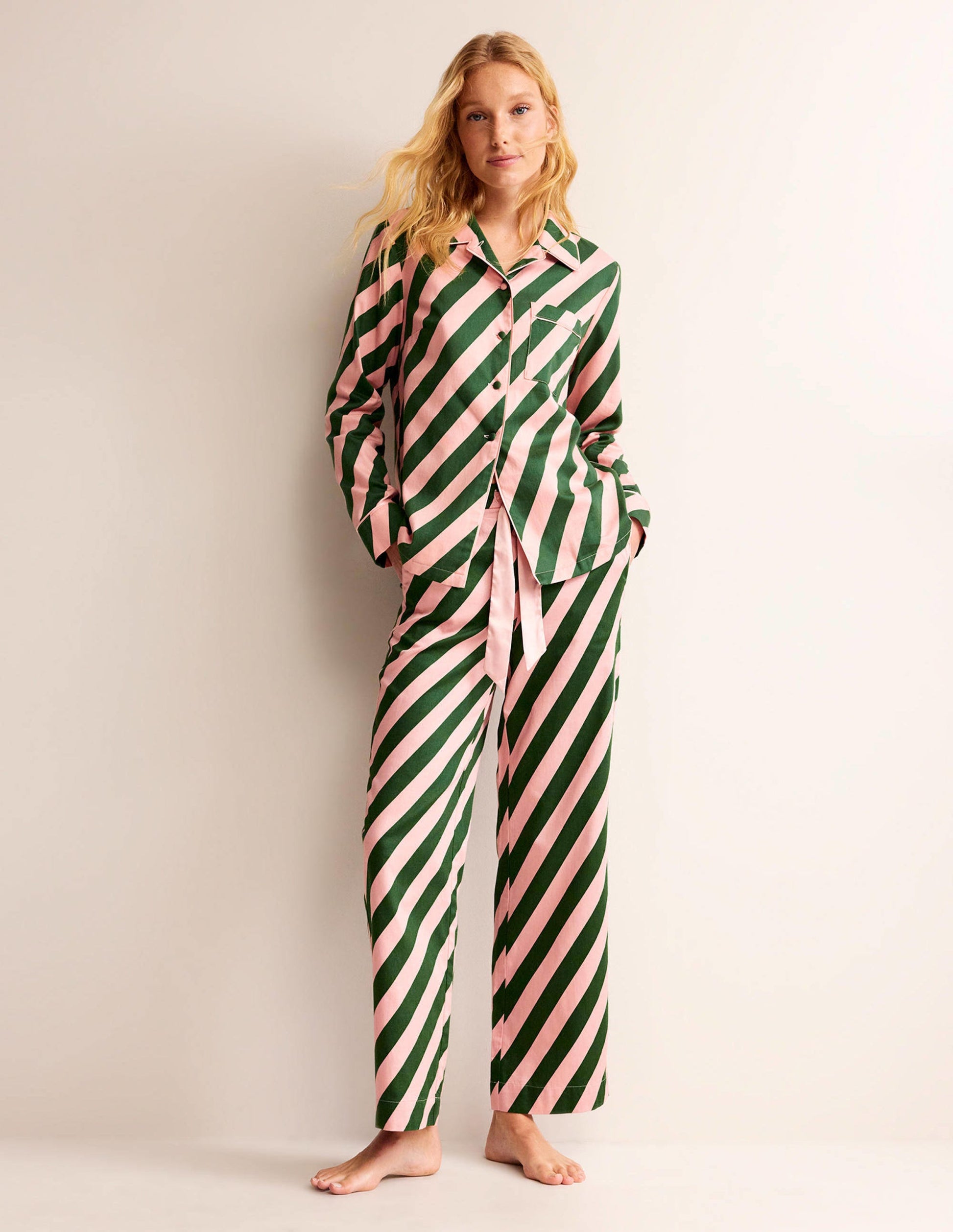 Haut de pyjama en satinette de coton-Rayé rose rosette et vert-4