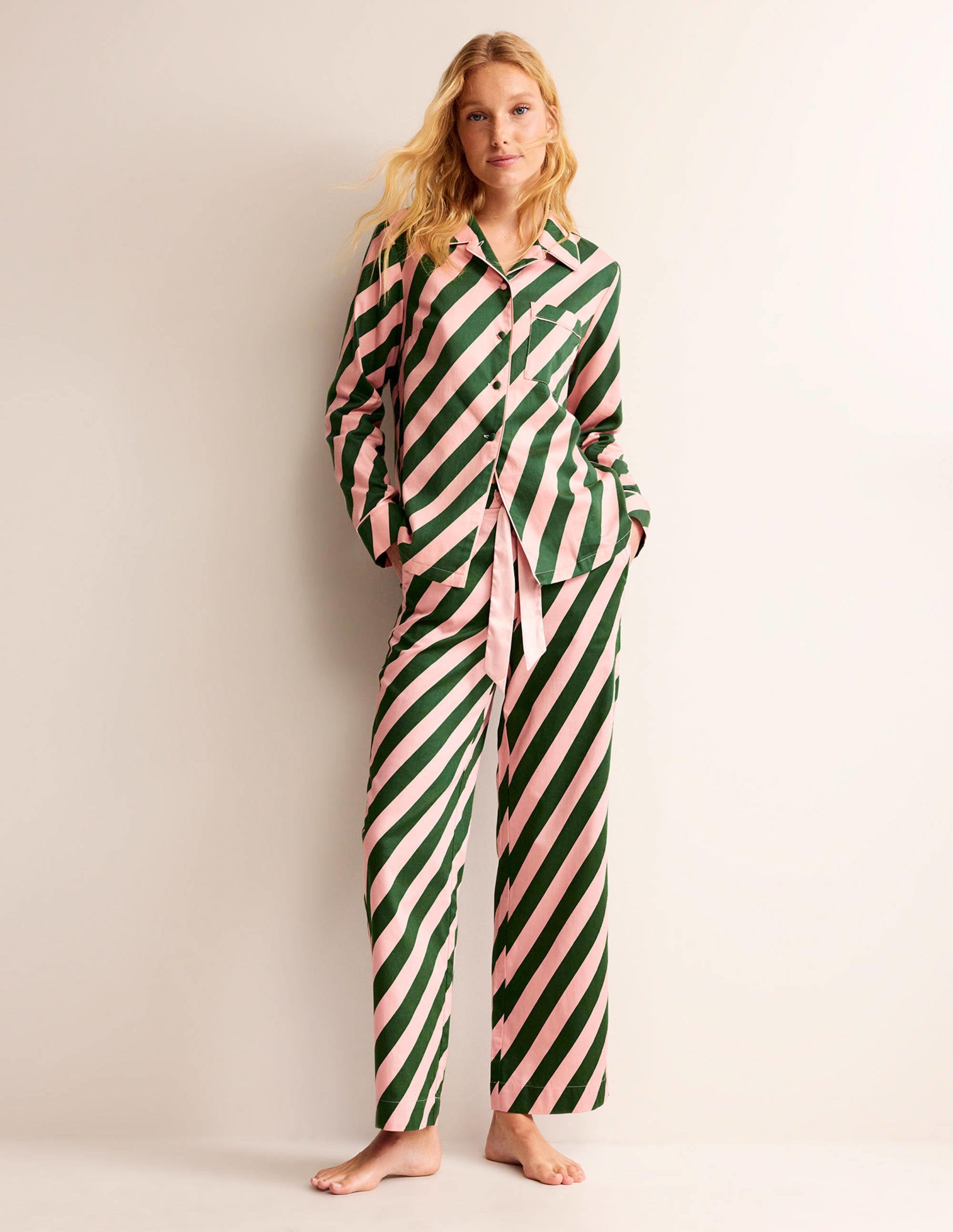 Haut de pyjama en satinette de coton-Rayé rose rosette et vert - Image 4