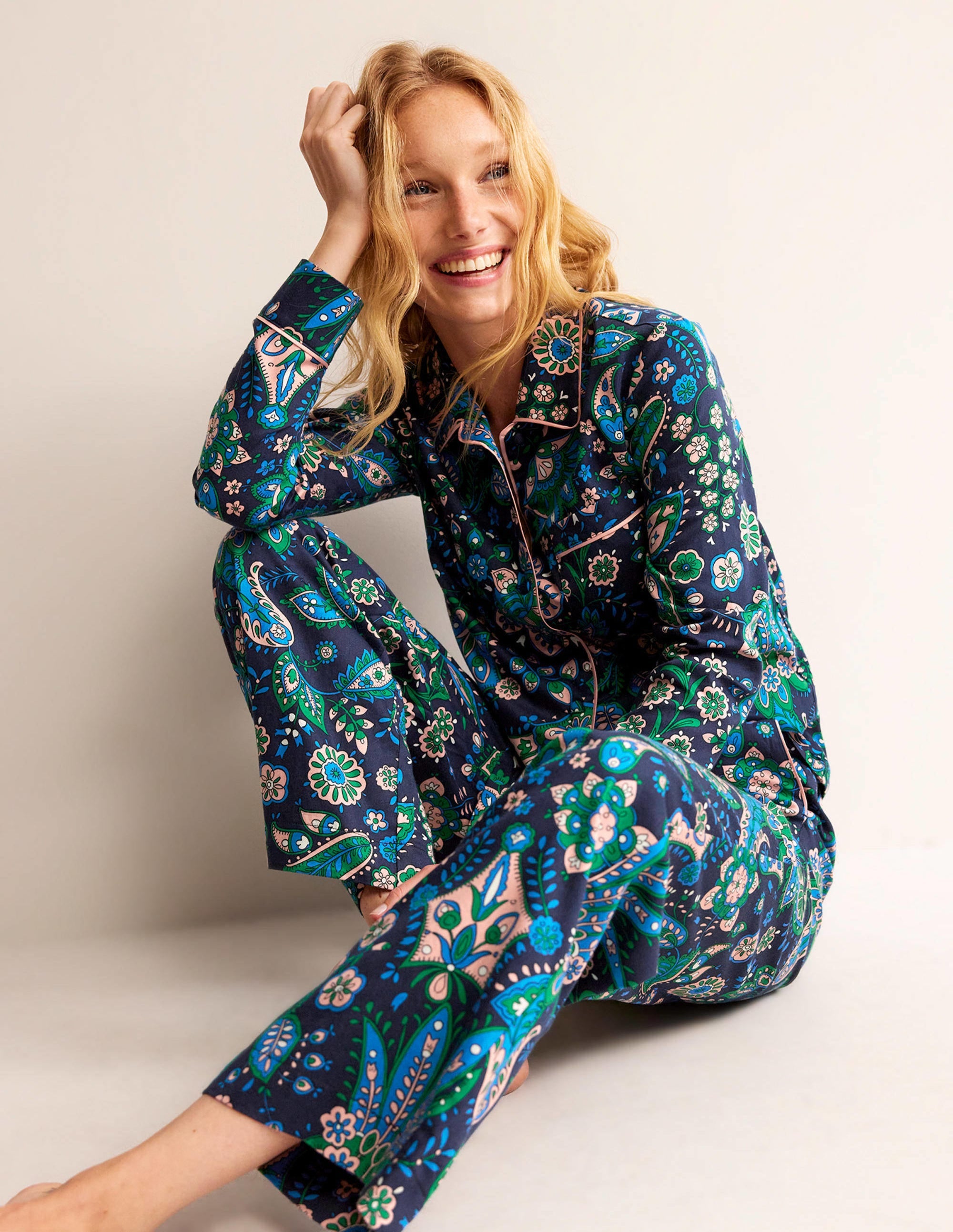 Pantalon de pyjama en satinette de coton-Multi, motif Azalea Bloom - Image 1