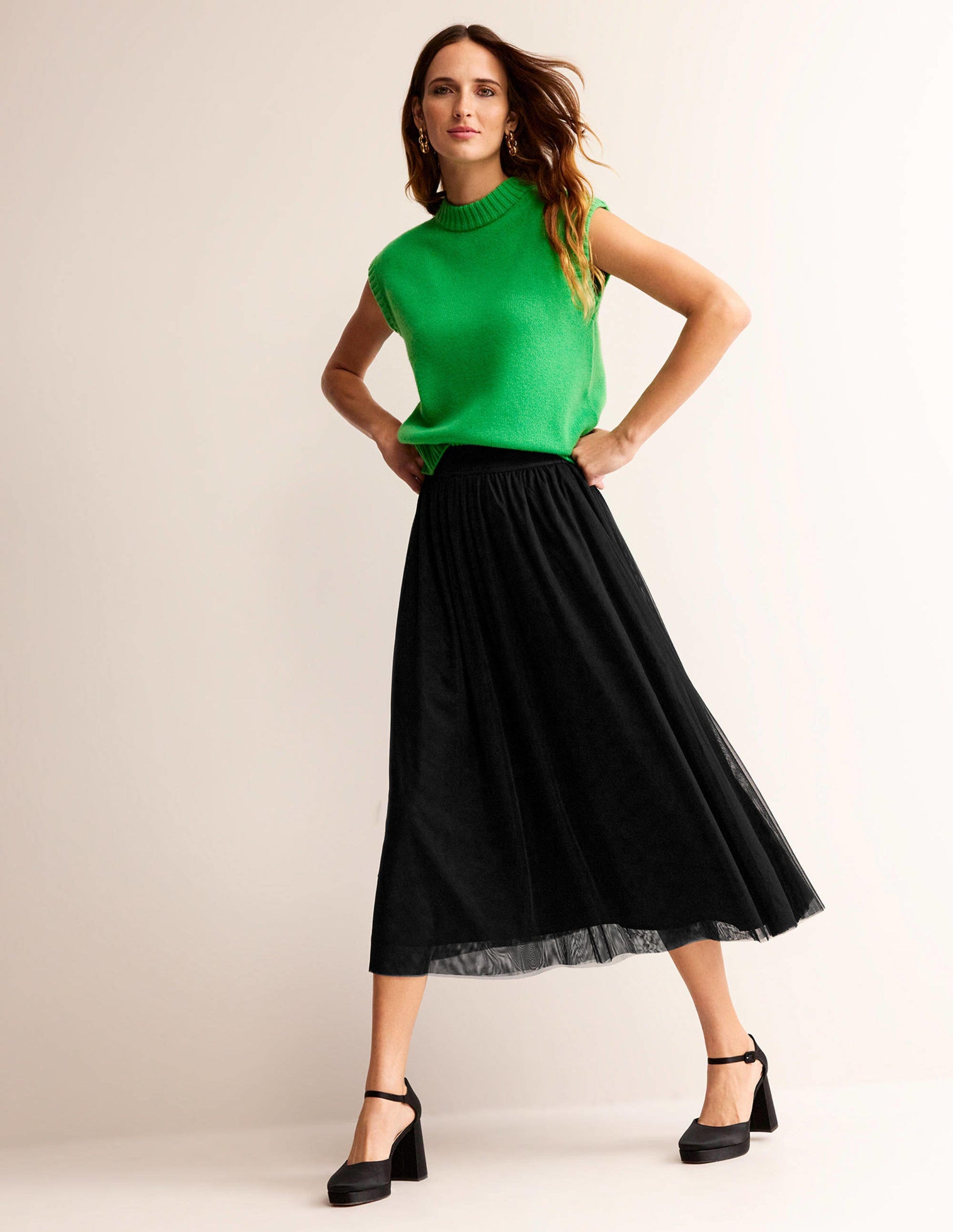 Jupe midi corolle en tulle-Noir-1